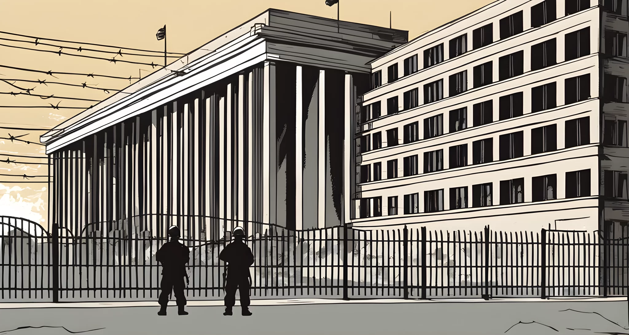 The image shows a large government building with high fences and barbed wire. There are uniformed guards patrolling the perimeter.