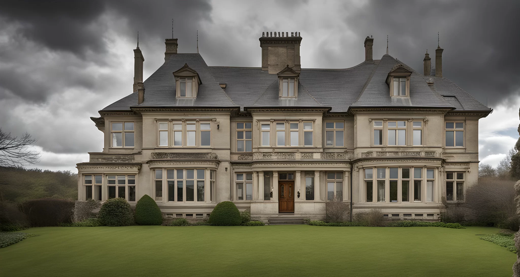 The image shows a large, iconic house with pointed roofs and multiple windows, set against a cloudy sky.