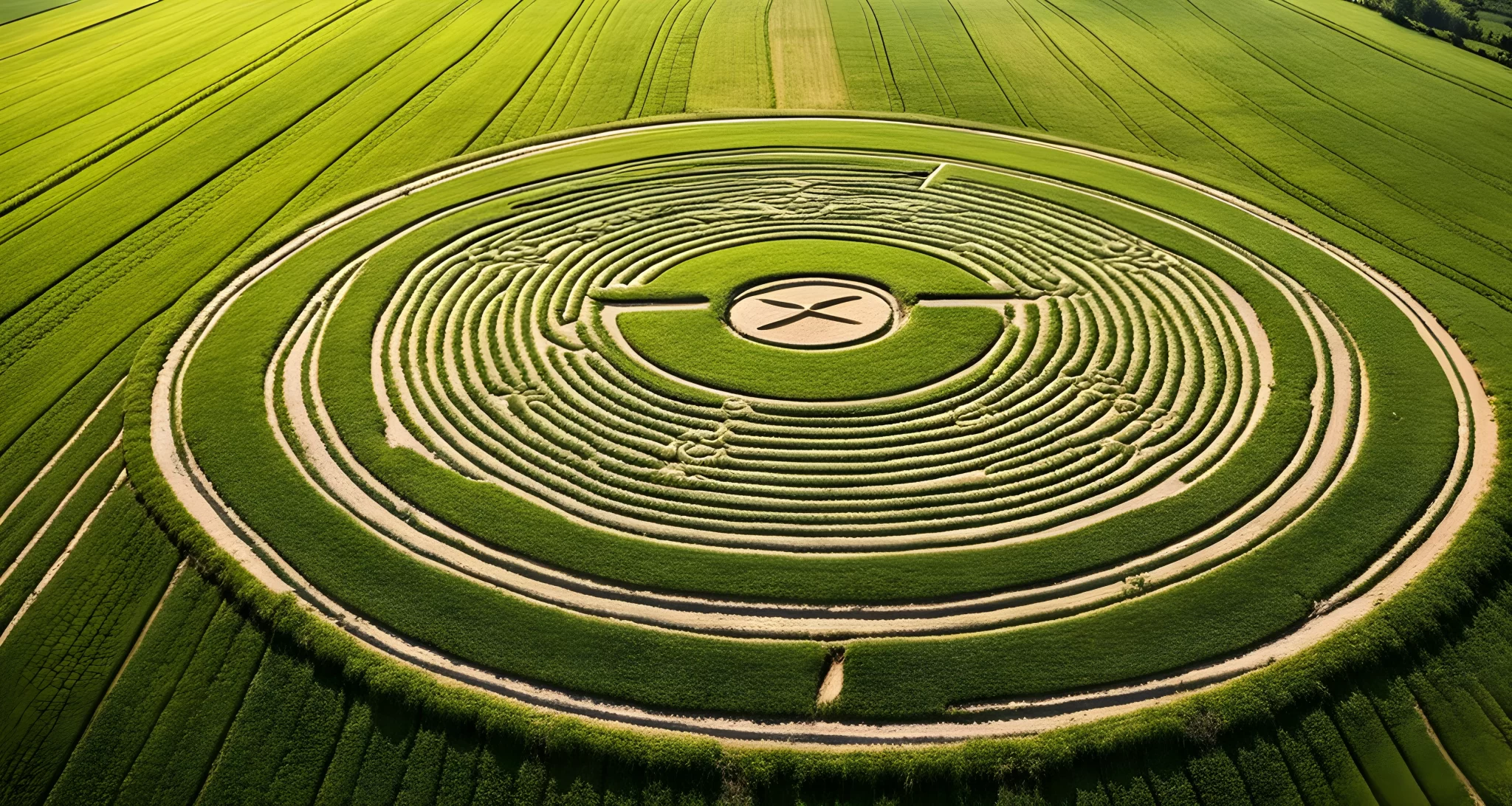 The image shows a large, intricate crop circle in a field, with swirling patterns and geometric shapes. There are flattened crops and a clear circular formation visible from above.