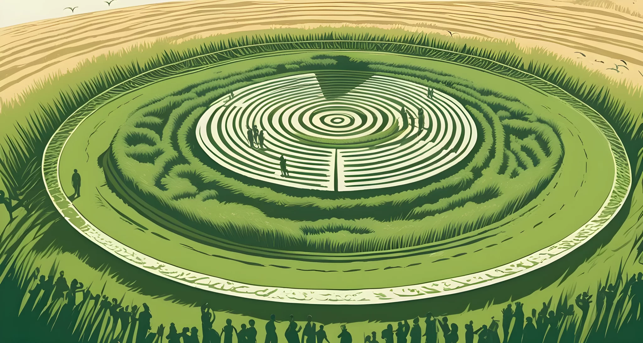 The image shows a large, intricate crop circle in a field, surrounded by onlookers and media.