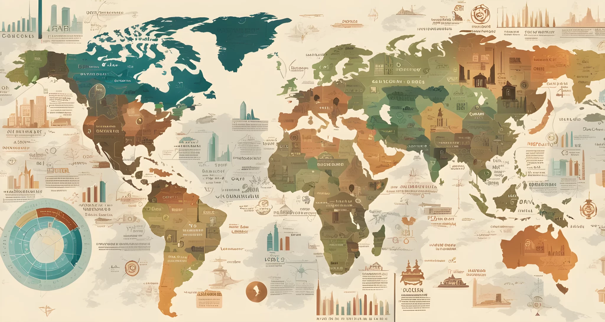 The image shows a large scale world map with various financial institutions and banking symbols superimposed over different regions.