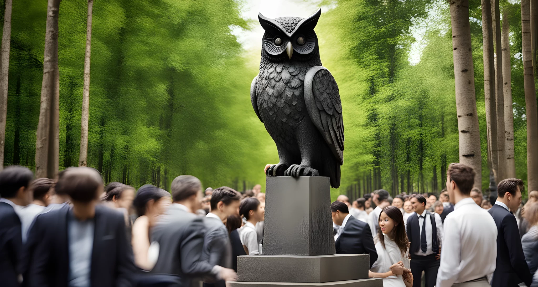 The image shows a large stone owl statue surrounded by tall trees and a group of people in formal attire.