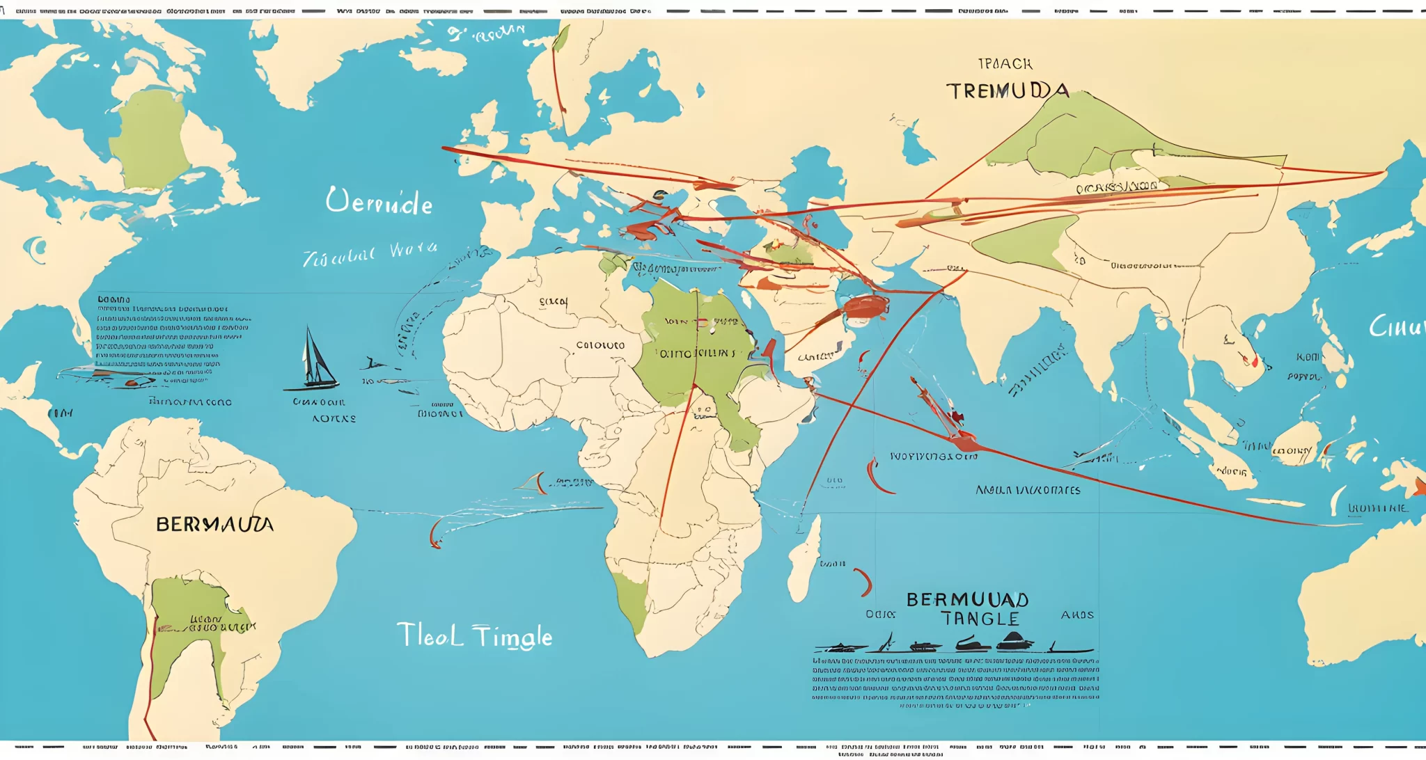 The image shows a map of the Bermuda Triangle, with highlighted areas where ships and planes have disappeared.