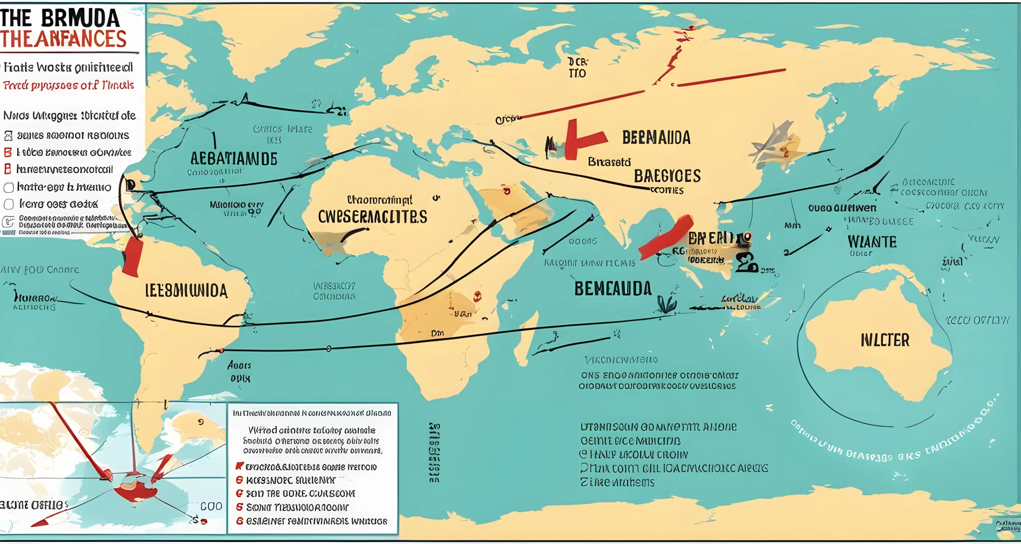 The image shows a map of the Bermuda Triangle with marked locations of the unexplained disappearances.