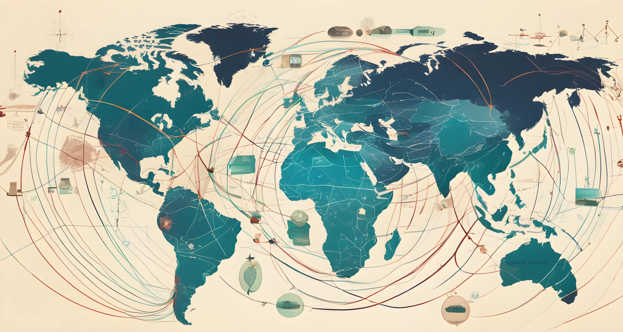 The image shows a map of the world with various interconnected lines and symbols representing global financial influence.