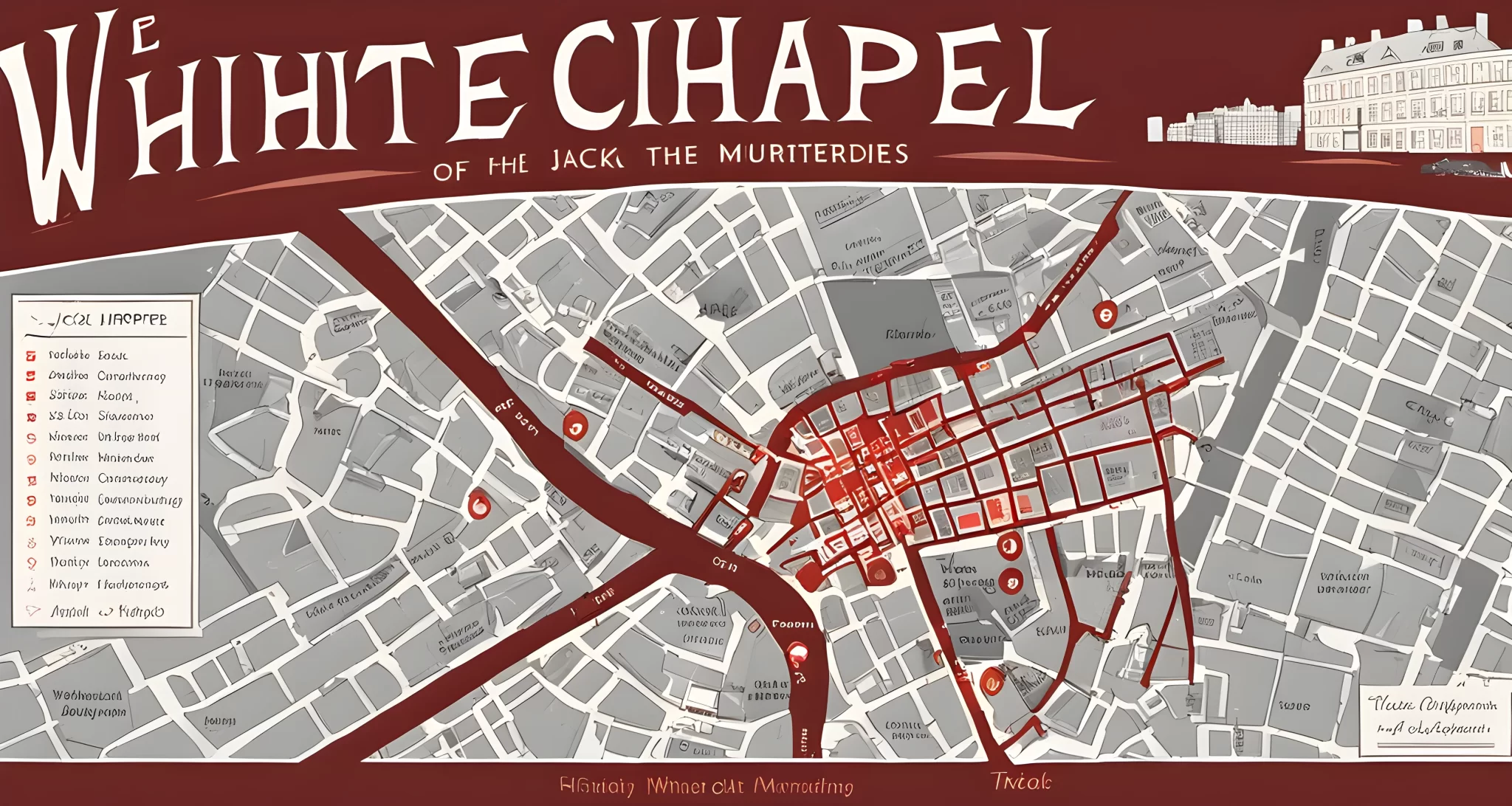 The image shows a map of Whitechapel, London, with locations of the Jack the Ripper murders marked.