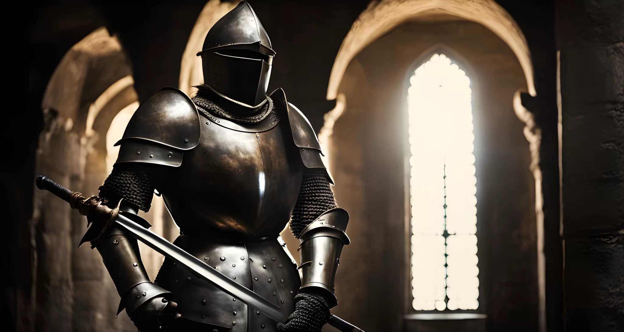 The image shows a medieval suit of armor and a sword displayed in a dimly lit museum.