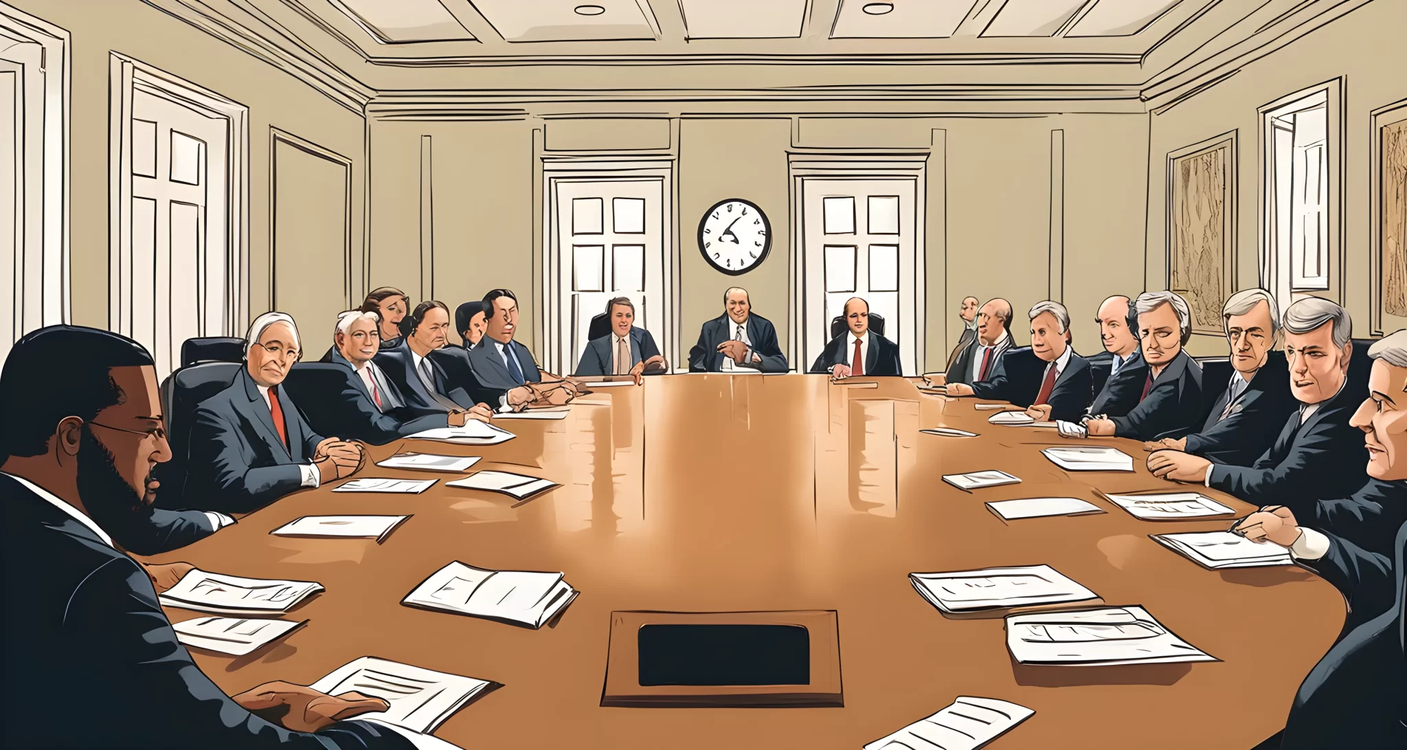 The image shows a meeting room with a large wooden table and chairs, where key members of the Federal Reserve are sitting and discussing financial policies.