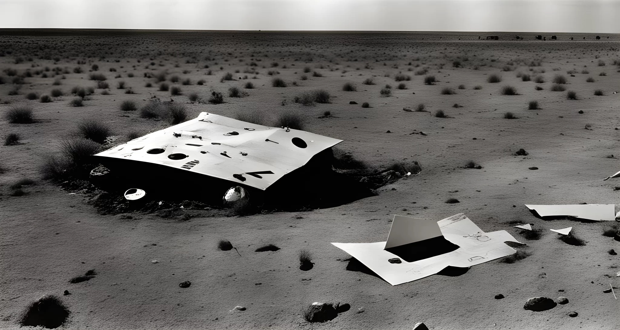 The image shows a metallic debris field with strange markings and symbols, UFO wreckage, and a government cover-up letter.