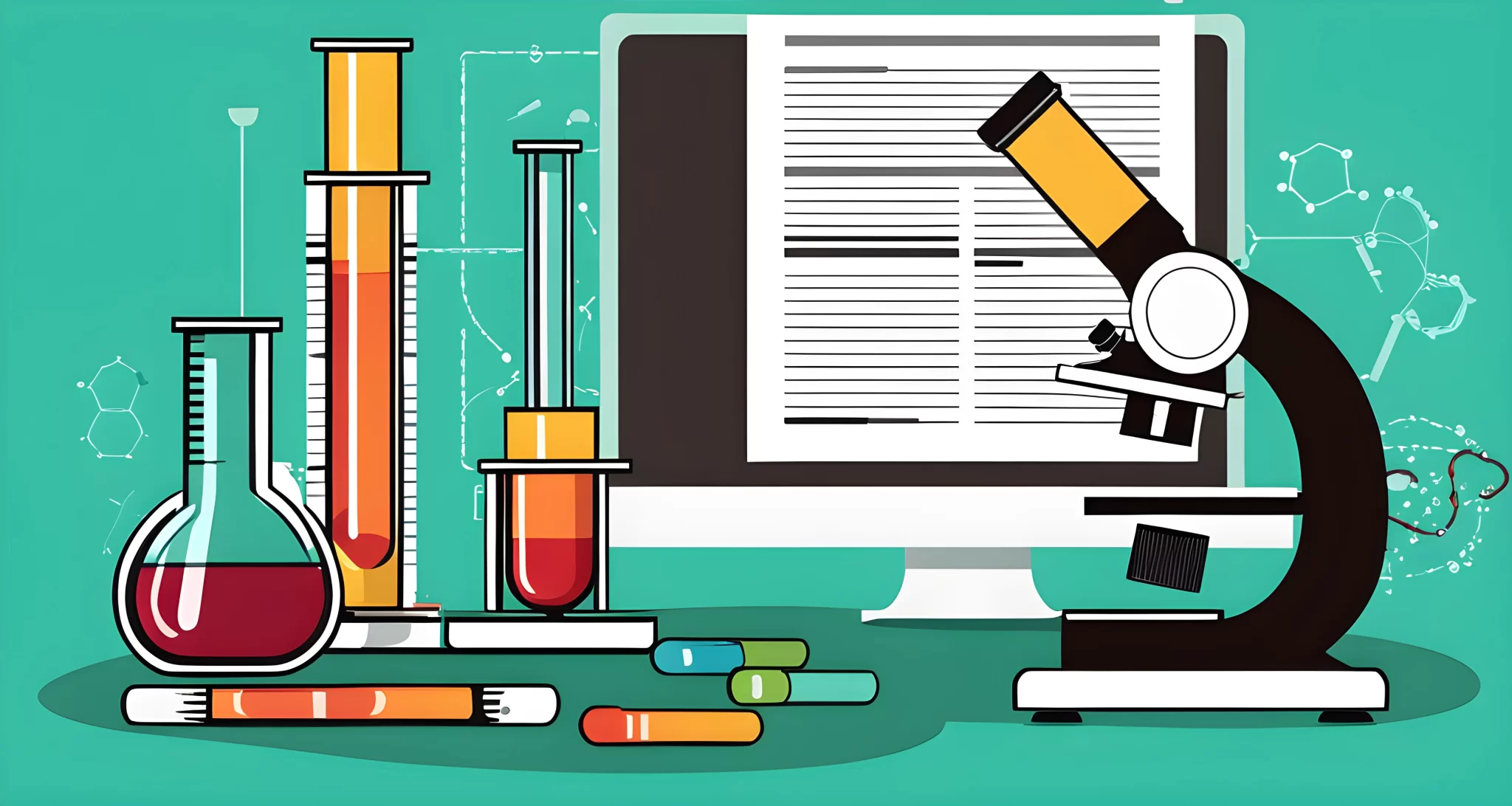 The image shows a microscope, test tubes, and a scientific research report.