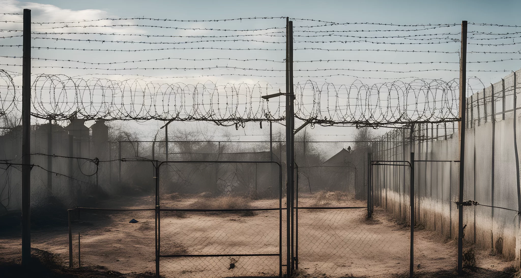 The image shows a mysterious, heavily guarded compound with barbed wire fences, security cameras, and armed guards patrolling the perimeter.