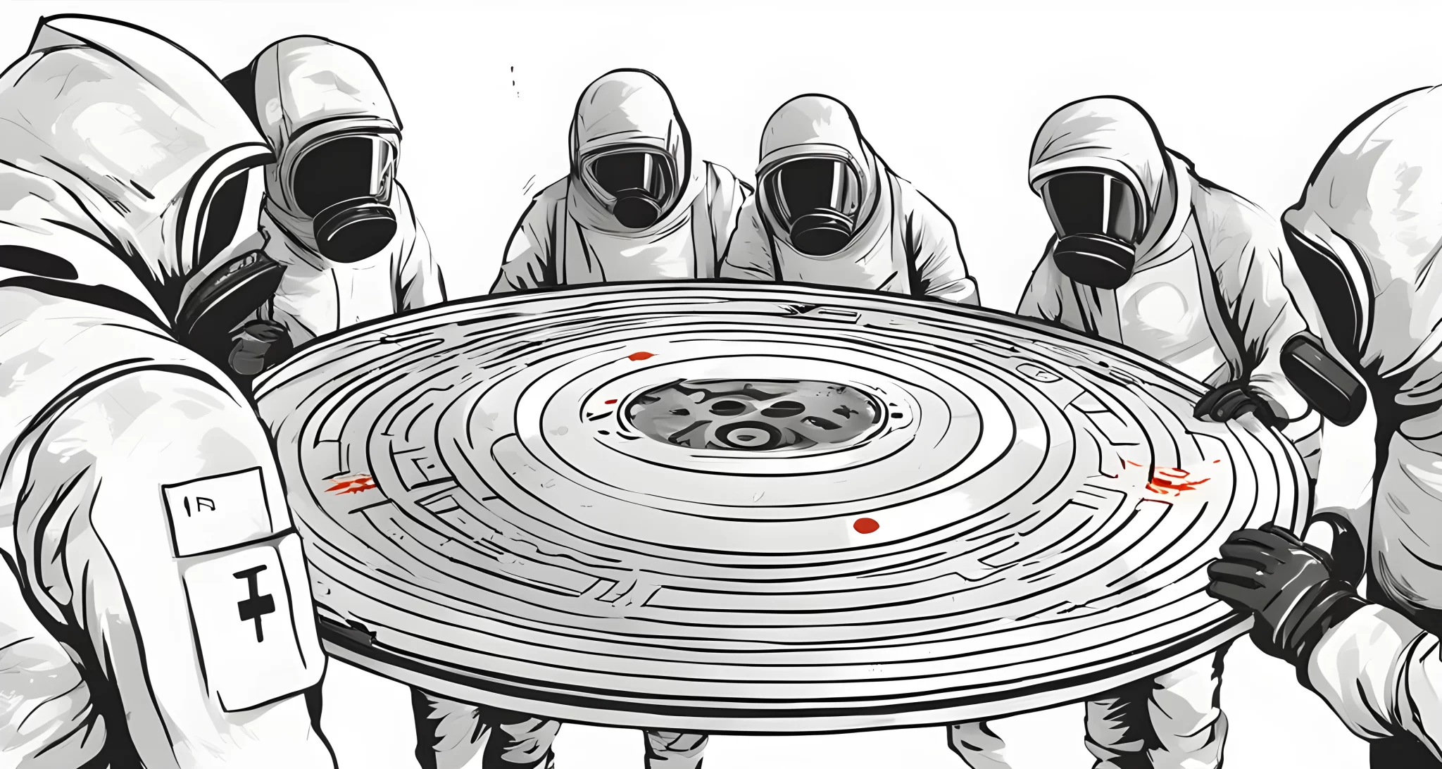 The image shows a mysterious, metallic disc-shaped object with strange symbols etched onto its surface. It is being examined by a group of military personnel in protective hazmat suits.