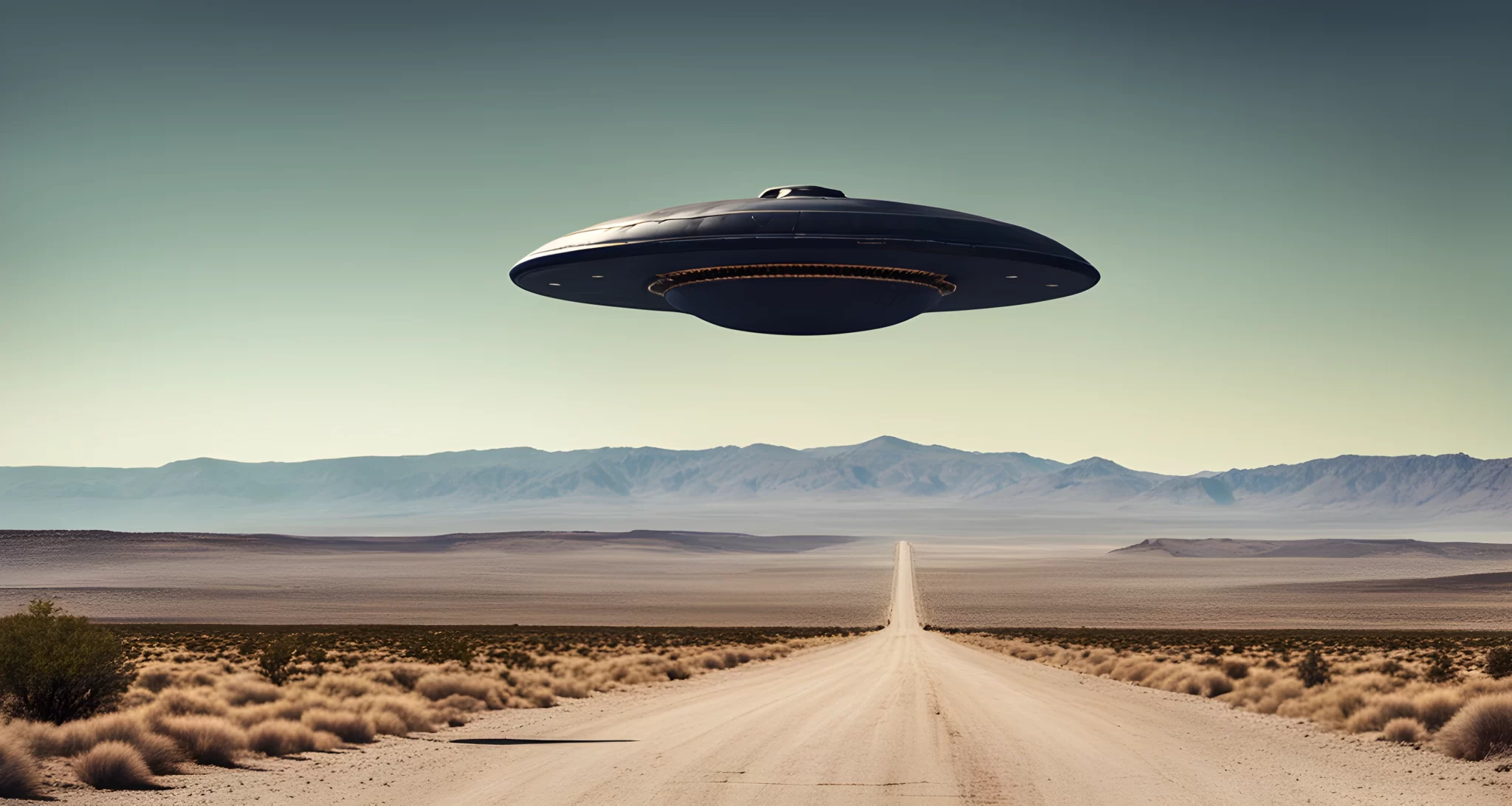 The image shows a mysterious, unidentified flying object hovering in the sky above Area 51.