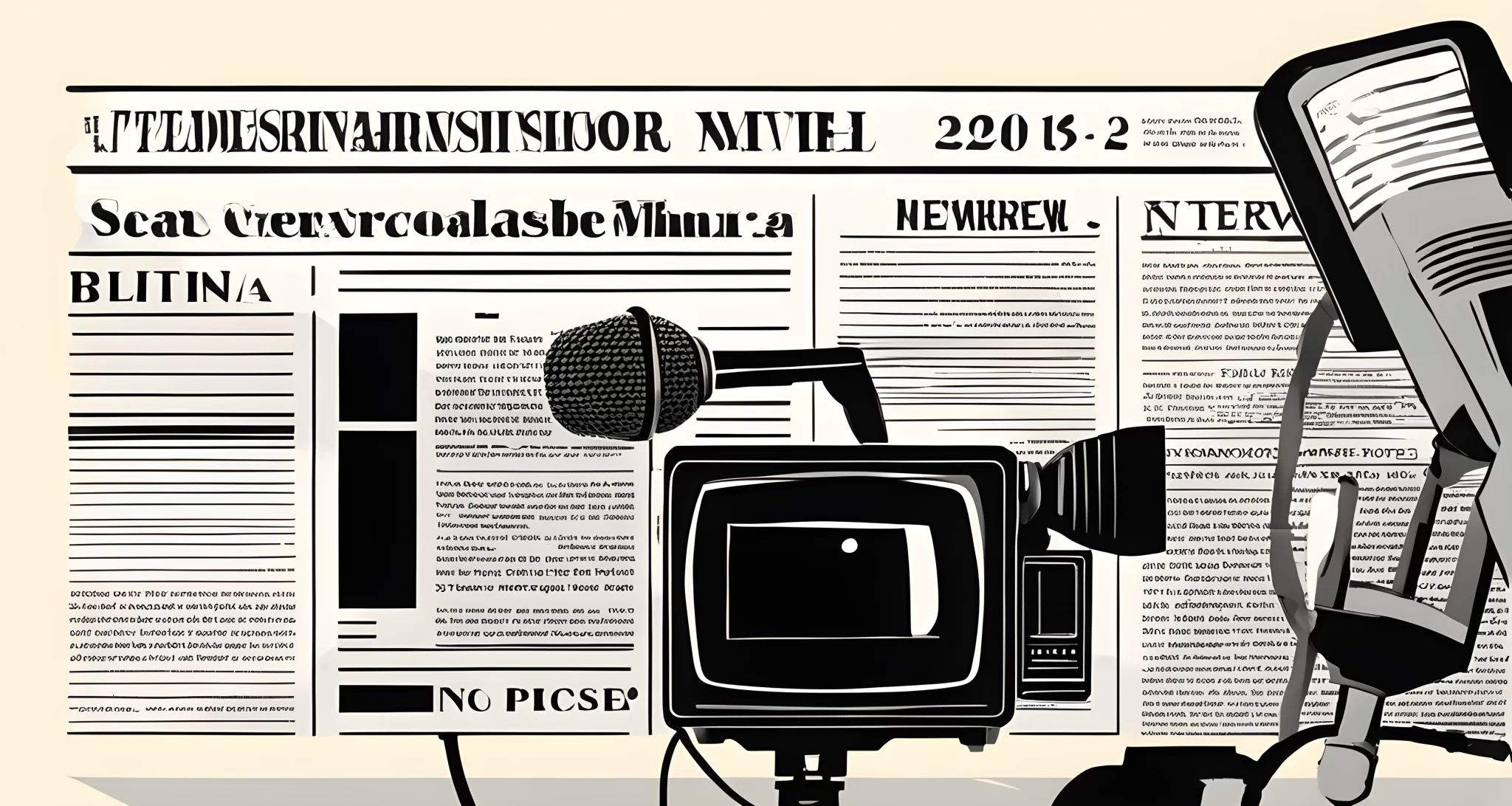 The image shows a newspaper headline, a TV camera, and a microphone.