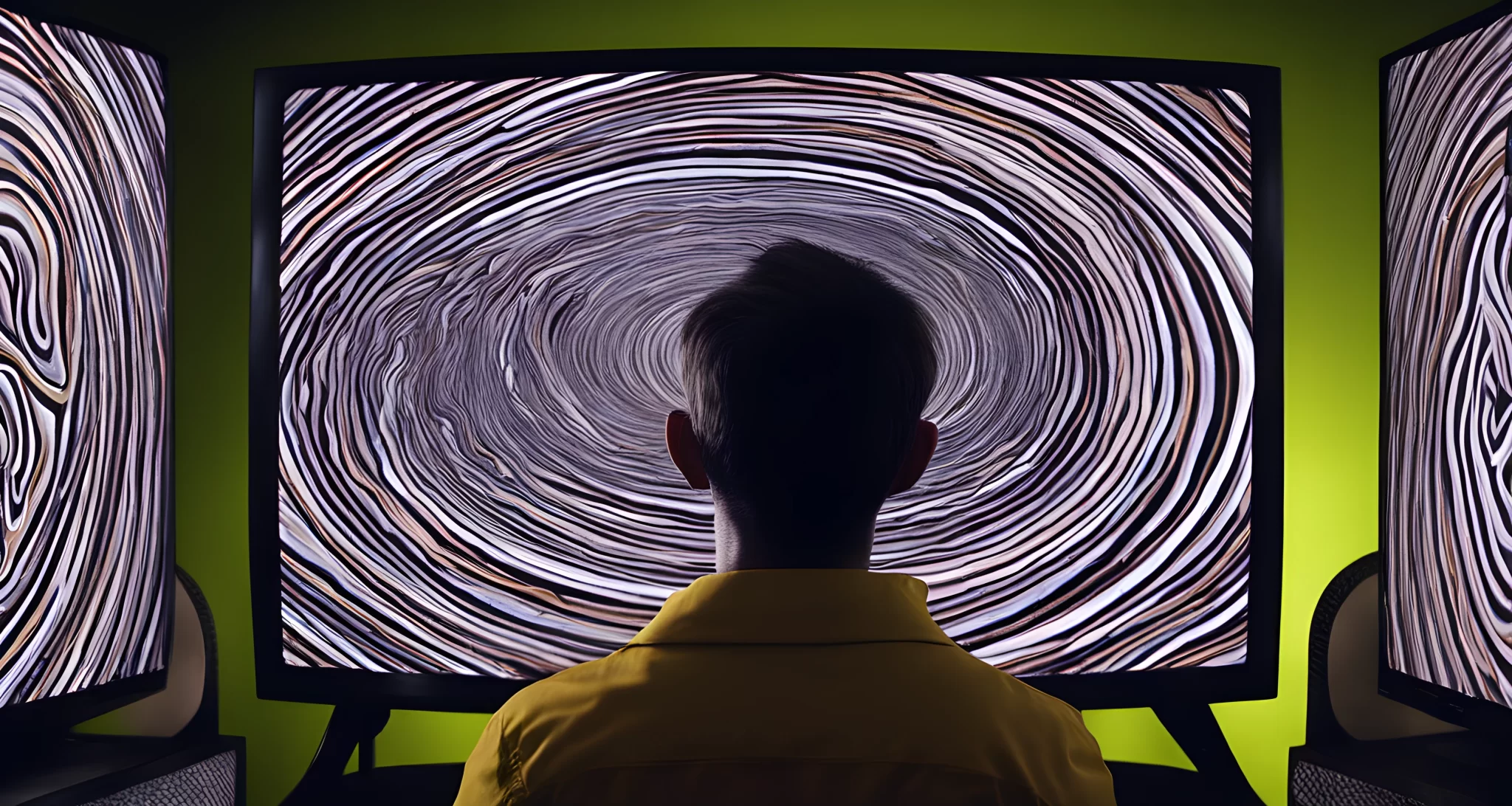 The image shows a person sitting in front of a television screen with hypnotic swirls and patterns.