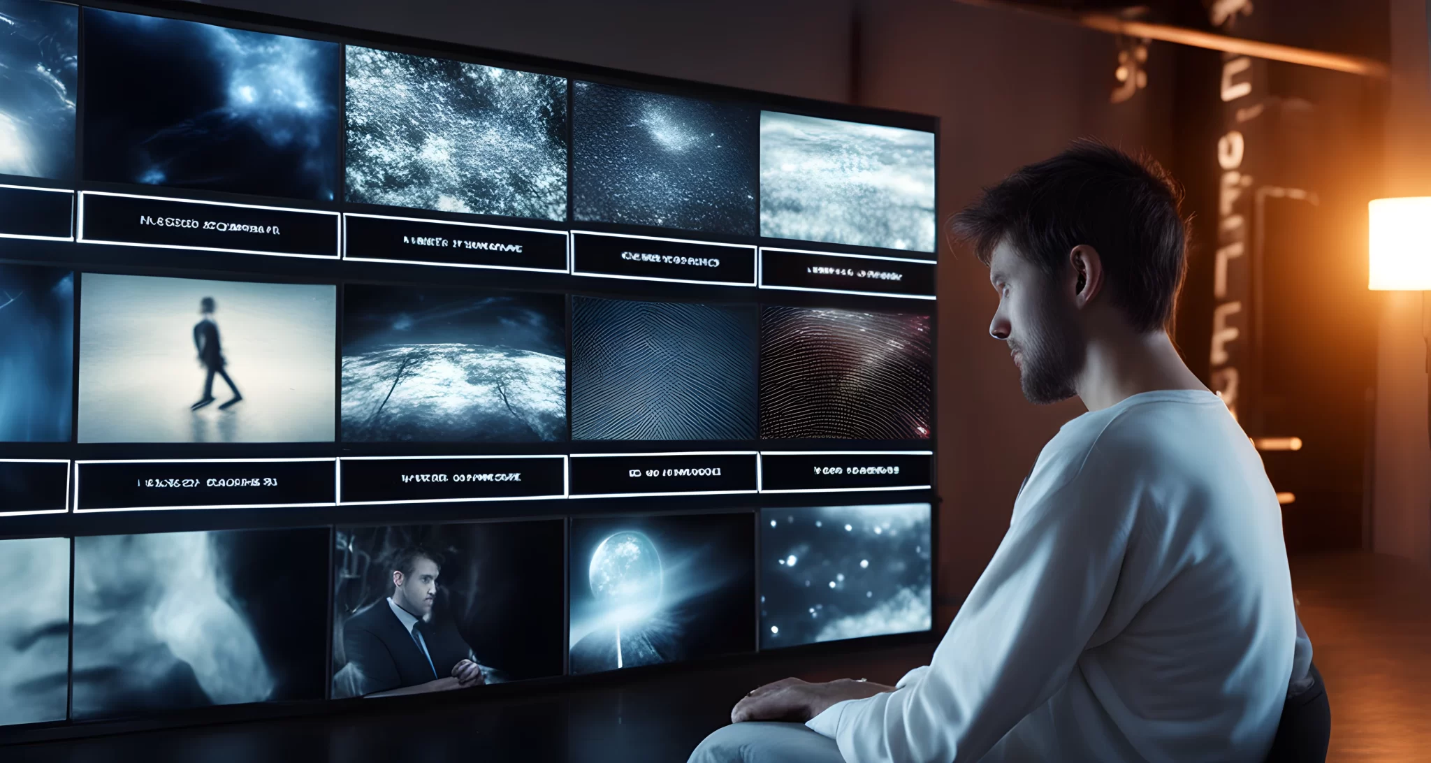 The image shows a person sitting in front of a screen, with various images and flashing lights.