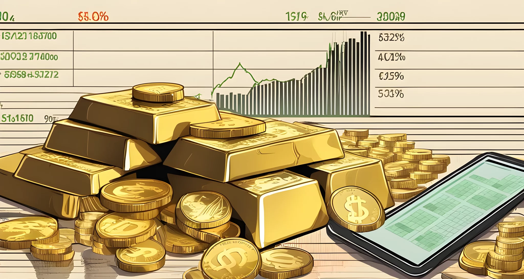 The image shows a pile of gold coins and bars, a stack of paper money, and a digital screen displaying stock market data.