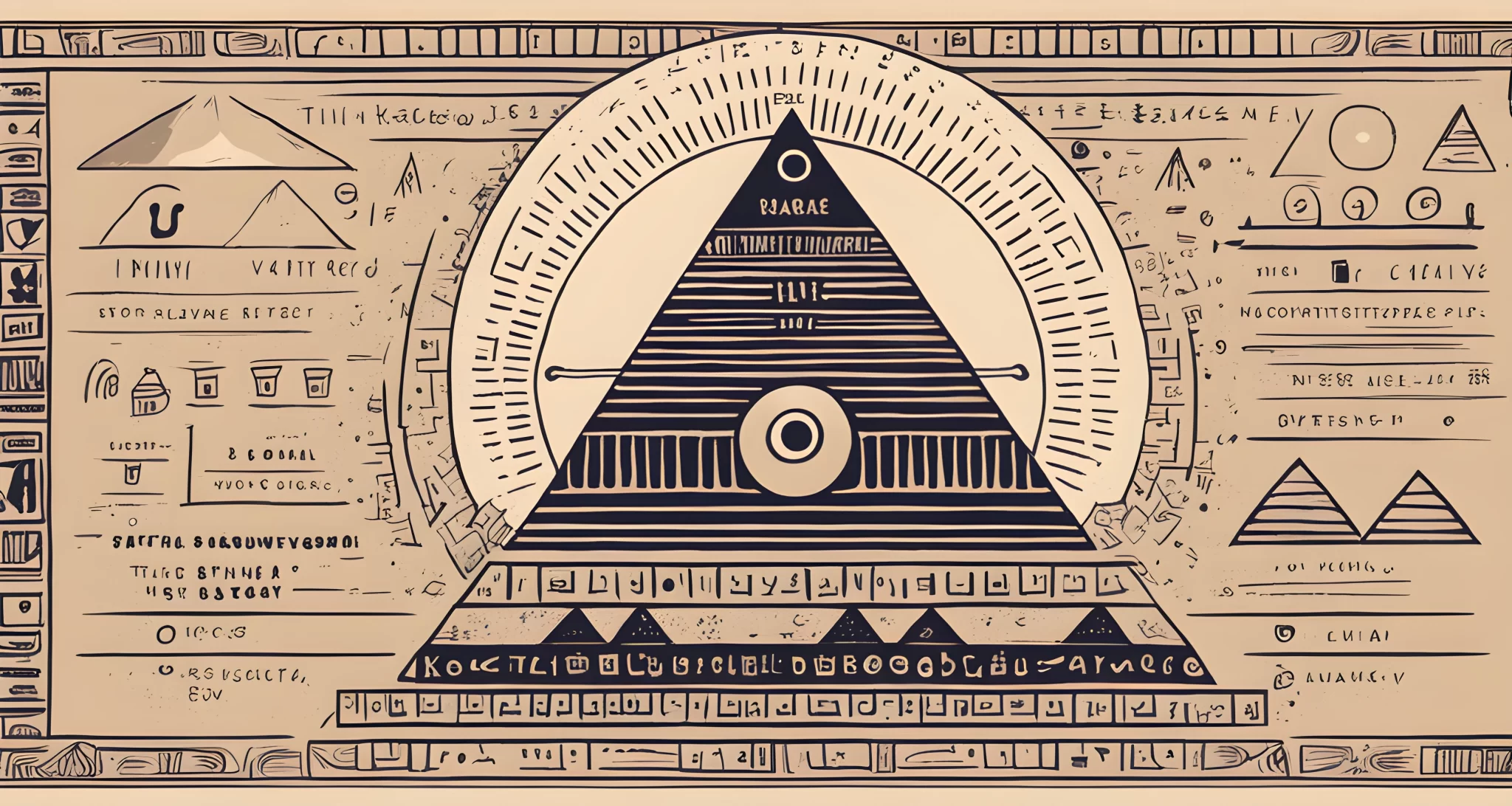 The image shows a pyramid with an eye at the top, surrounded by various symbols and Latin phrases.