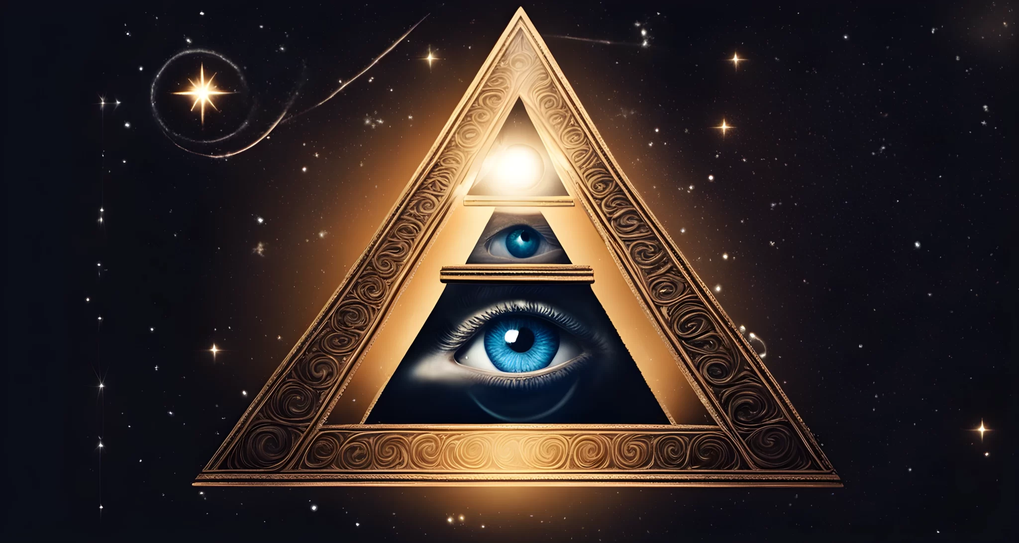 The image shows a pyramid with an eye at the top, surrounded by a circle of stars.