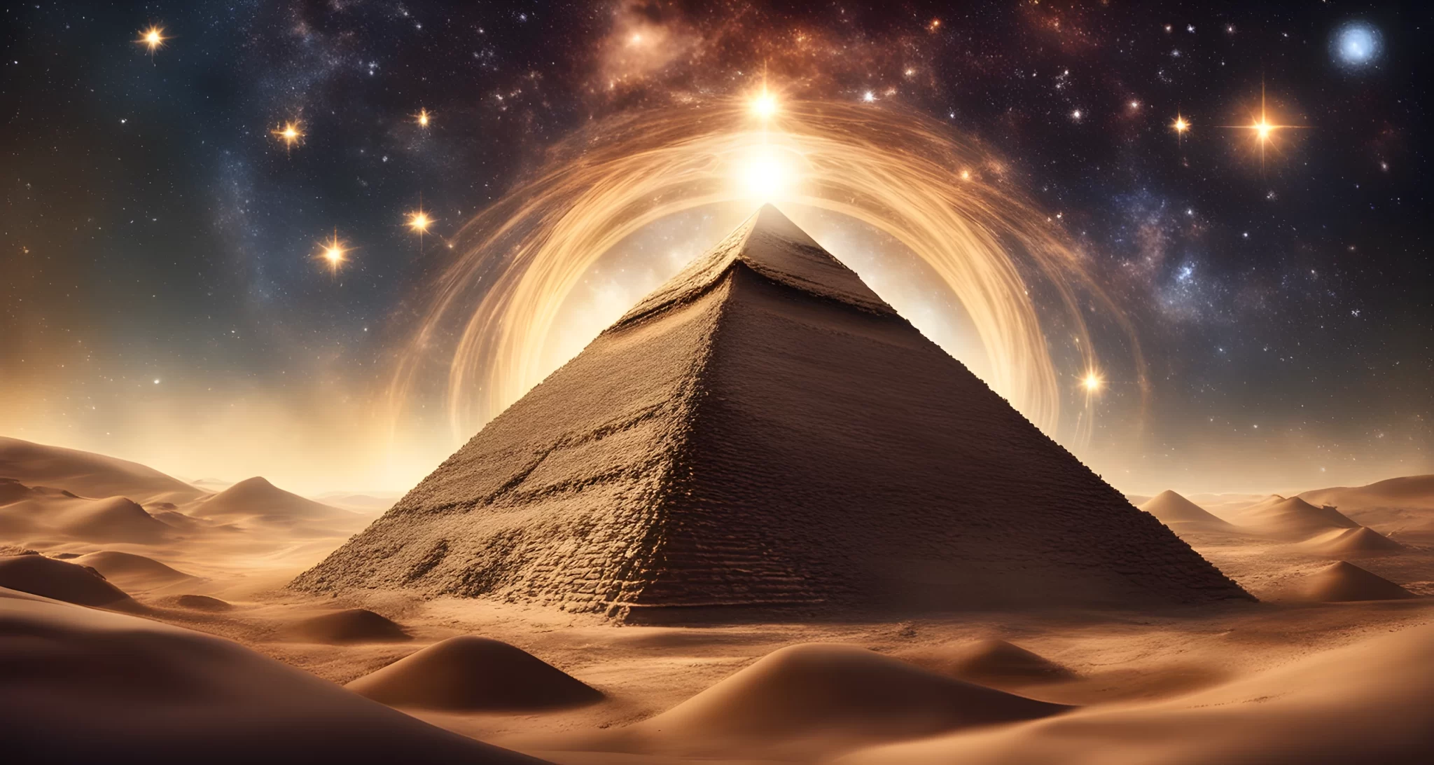 The image shows a pyramid with an open eye at the top, surrounded by a circle of stars.