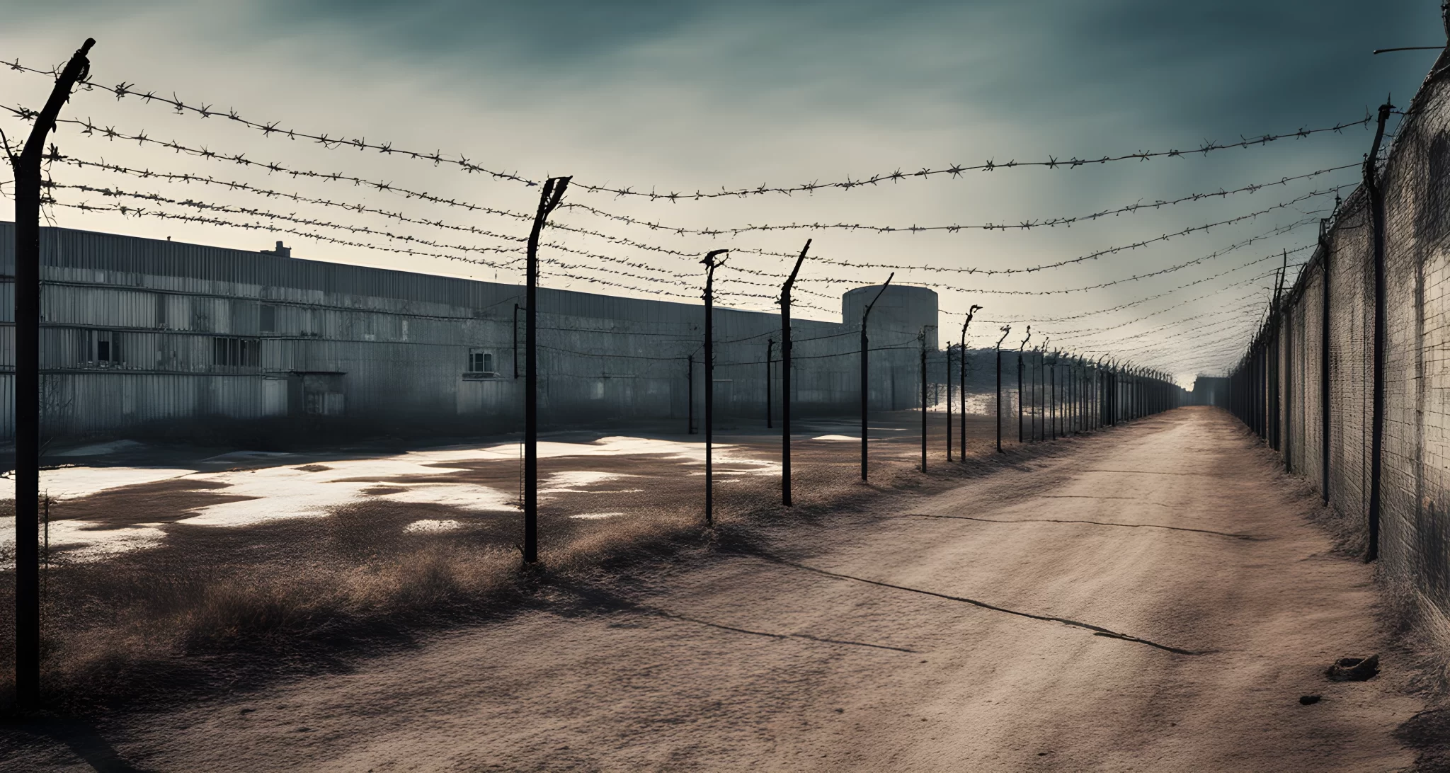 The image shows a row of barbed wire fences surrounding a large facility with numerous buildings.