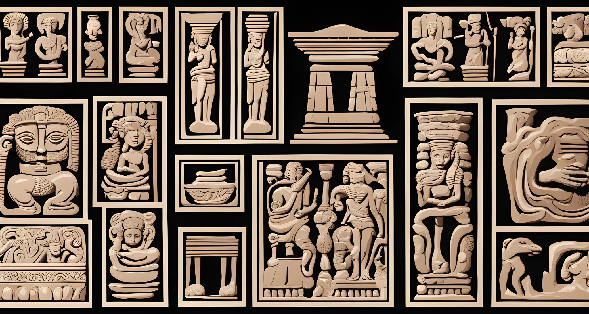 The image shows a series of ancient stone carvings and sculptures found in various archaeological sites around the world.