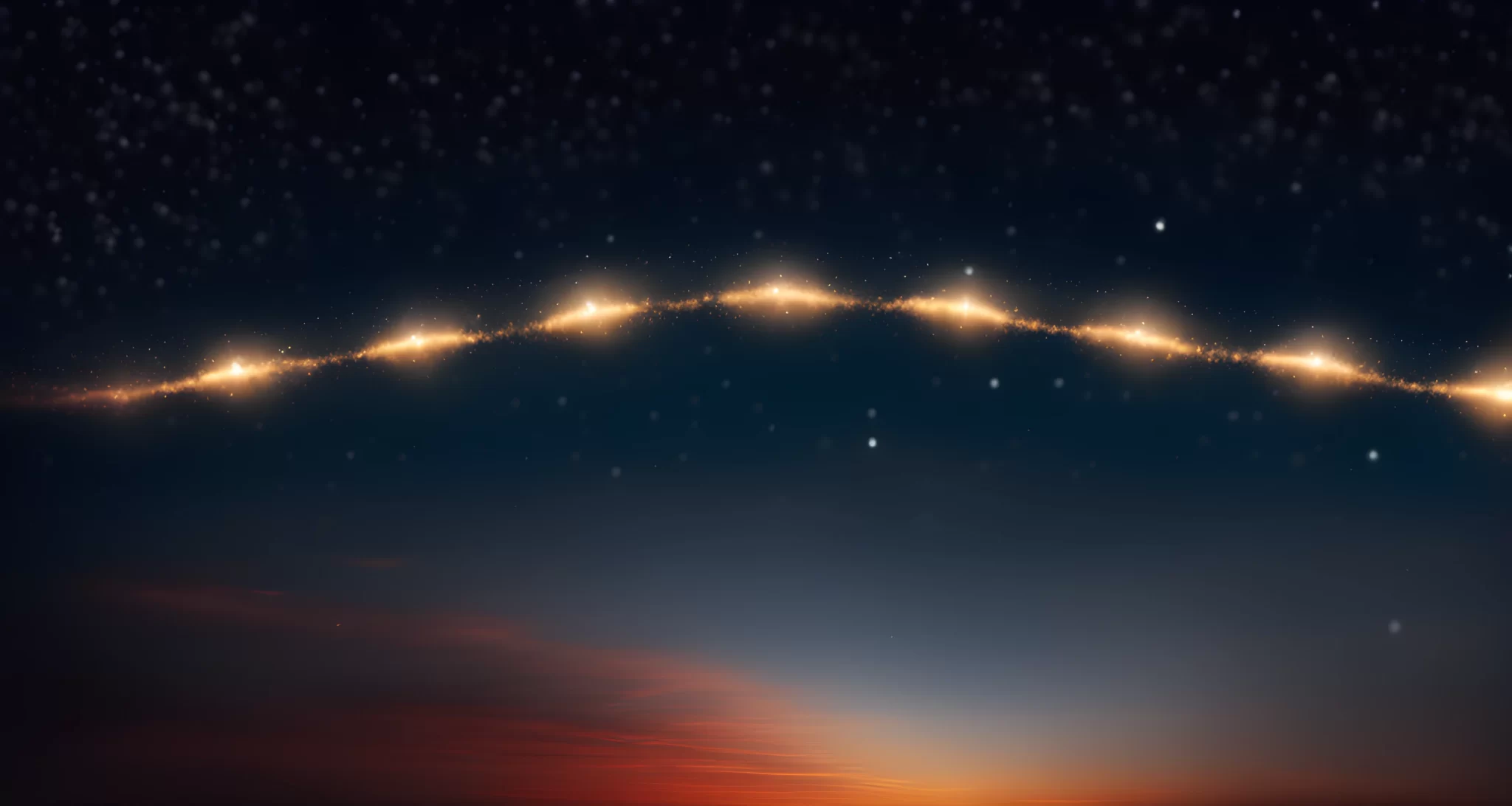 The image shows a series of bright, glowing lights in a V formation in the night sky.