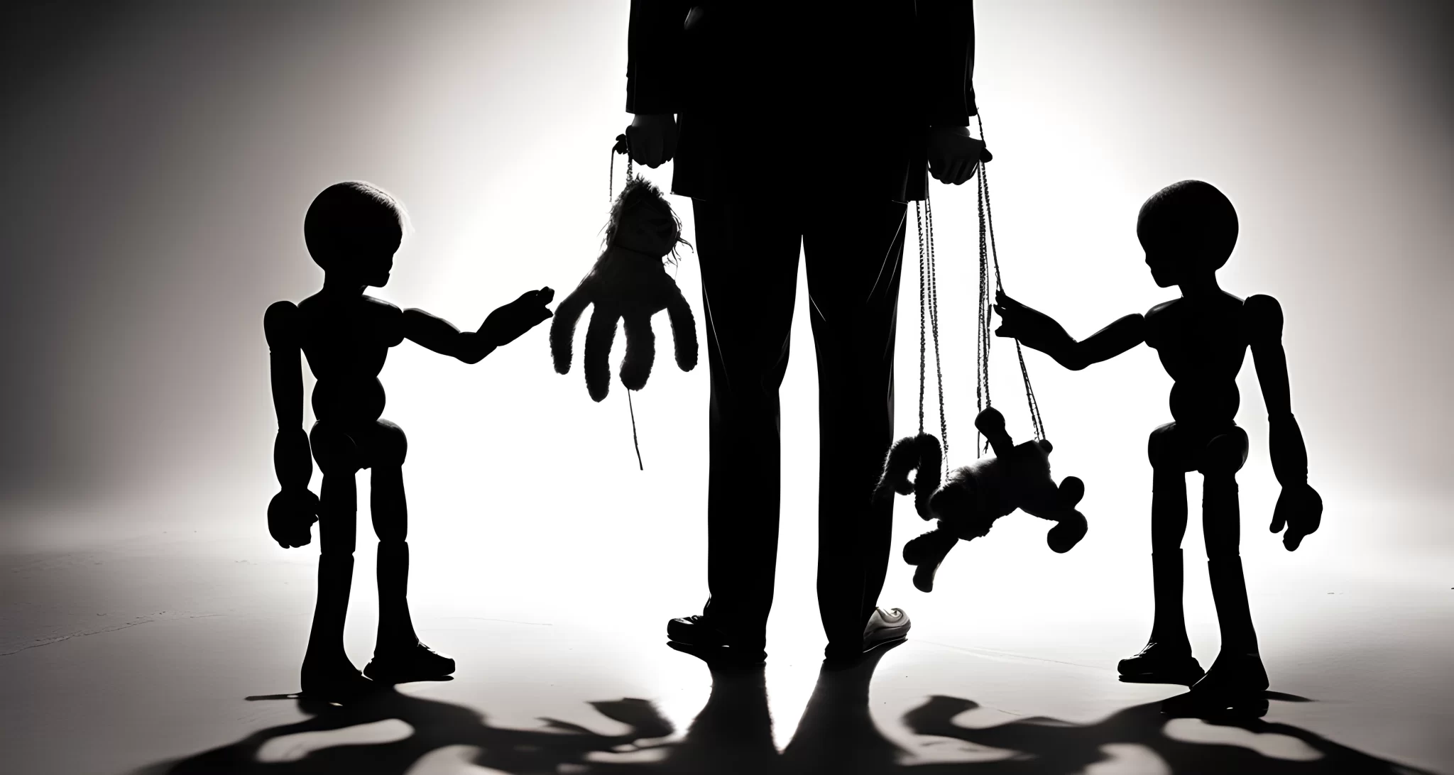 The image shows a shadowy figure holding a puppet representing the government, with strings attached to its limbs.