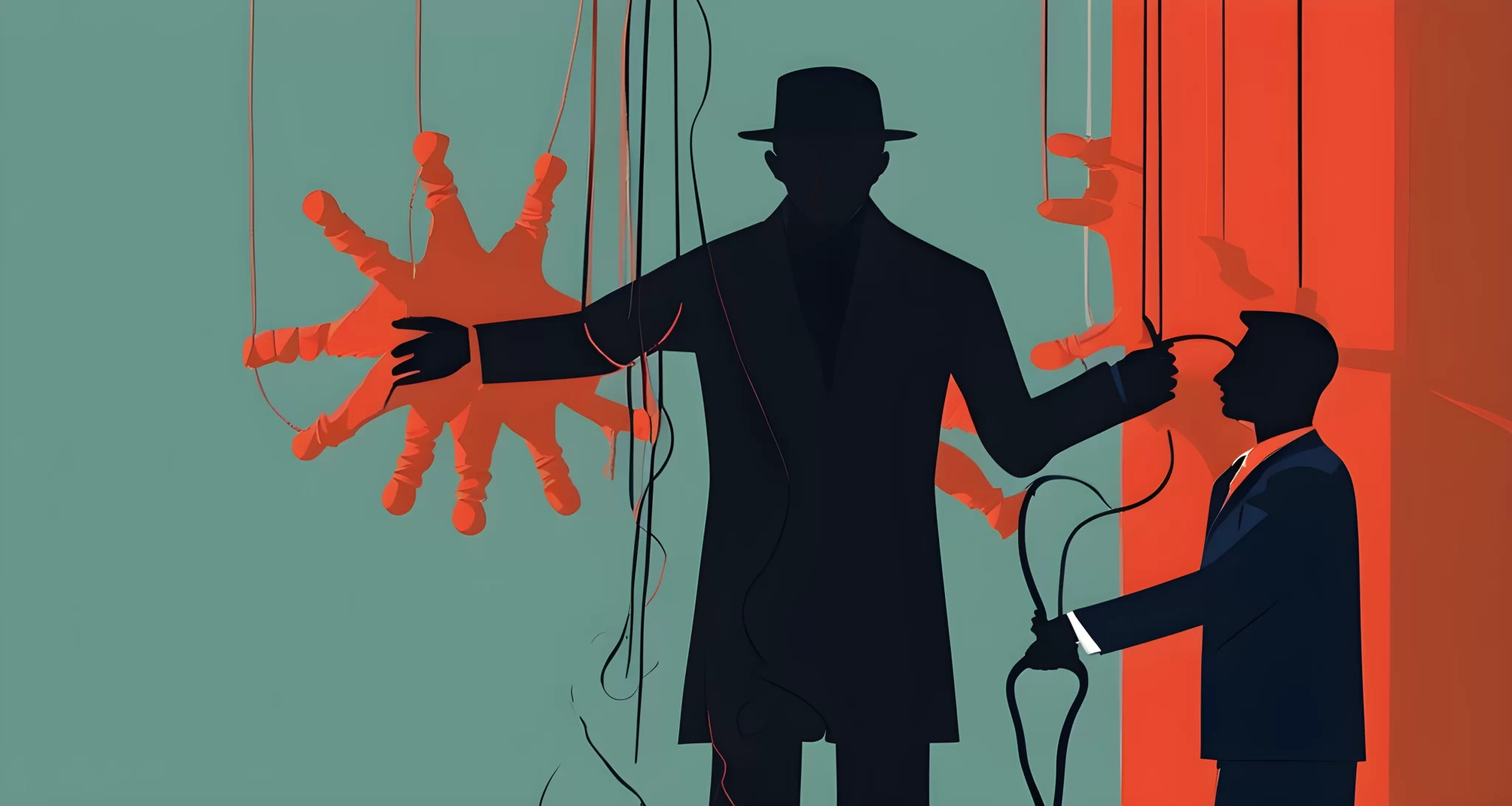 The image shows a shadowy figure holding puppet strings, controlling the movements of a political figure.