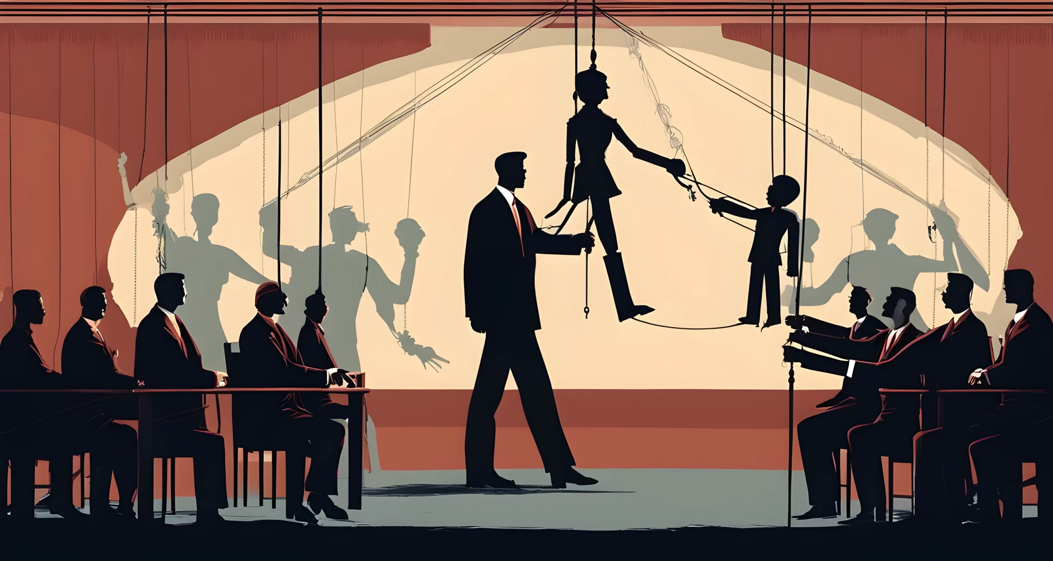 The image shows a shadowy figure manipulating a marionette puppet, representing control and influence over the government.