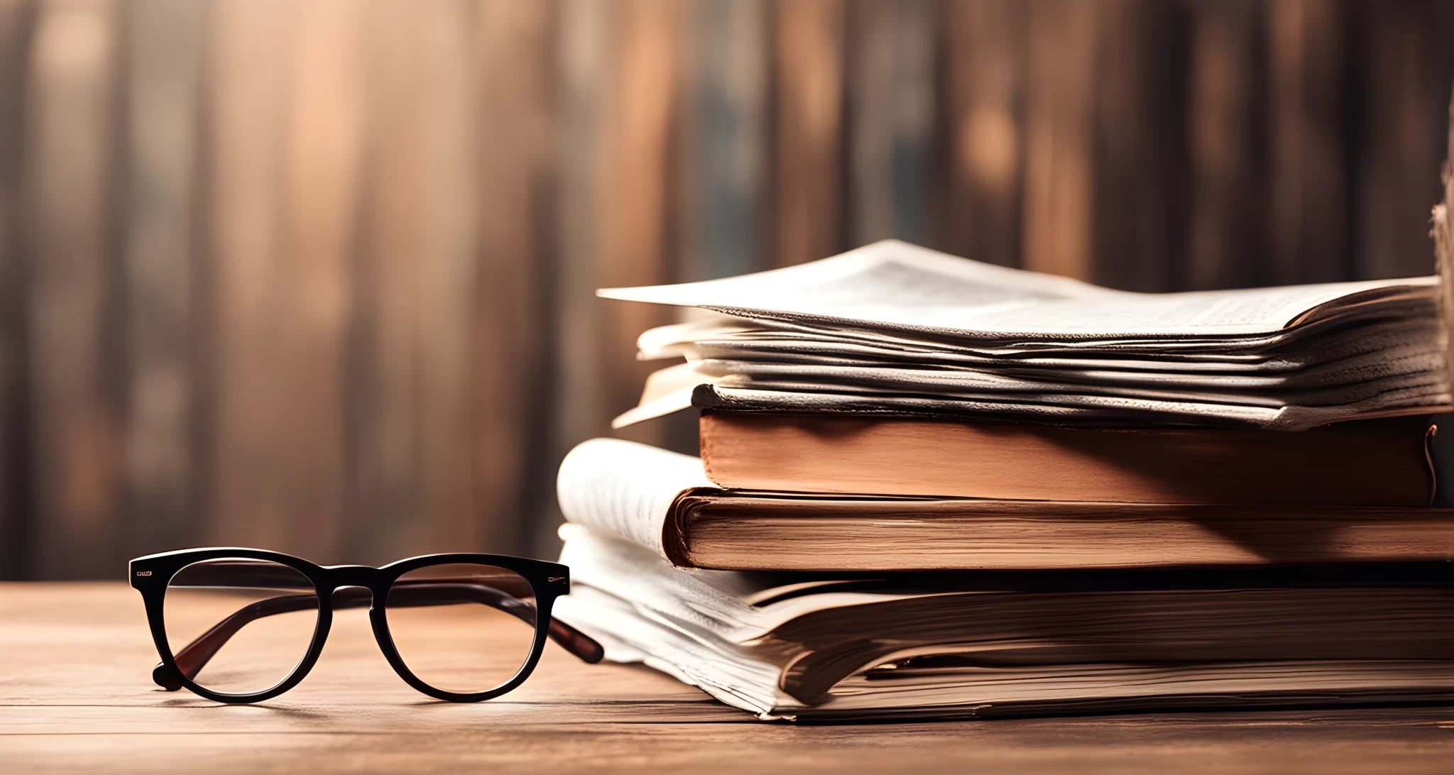 The image shows a stack of books, a newspaper, and a pair of glasses on a wooden table.