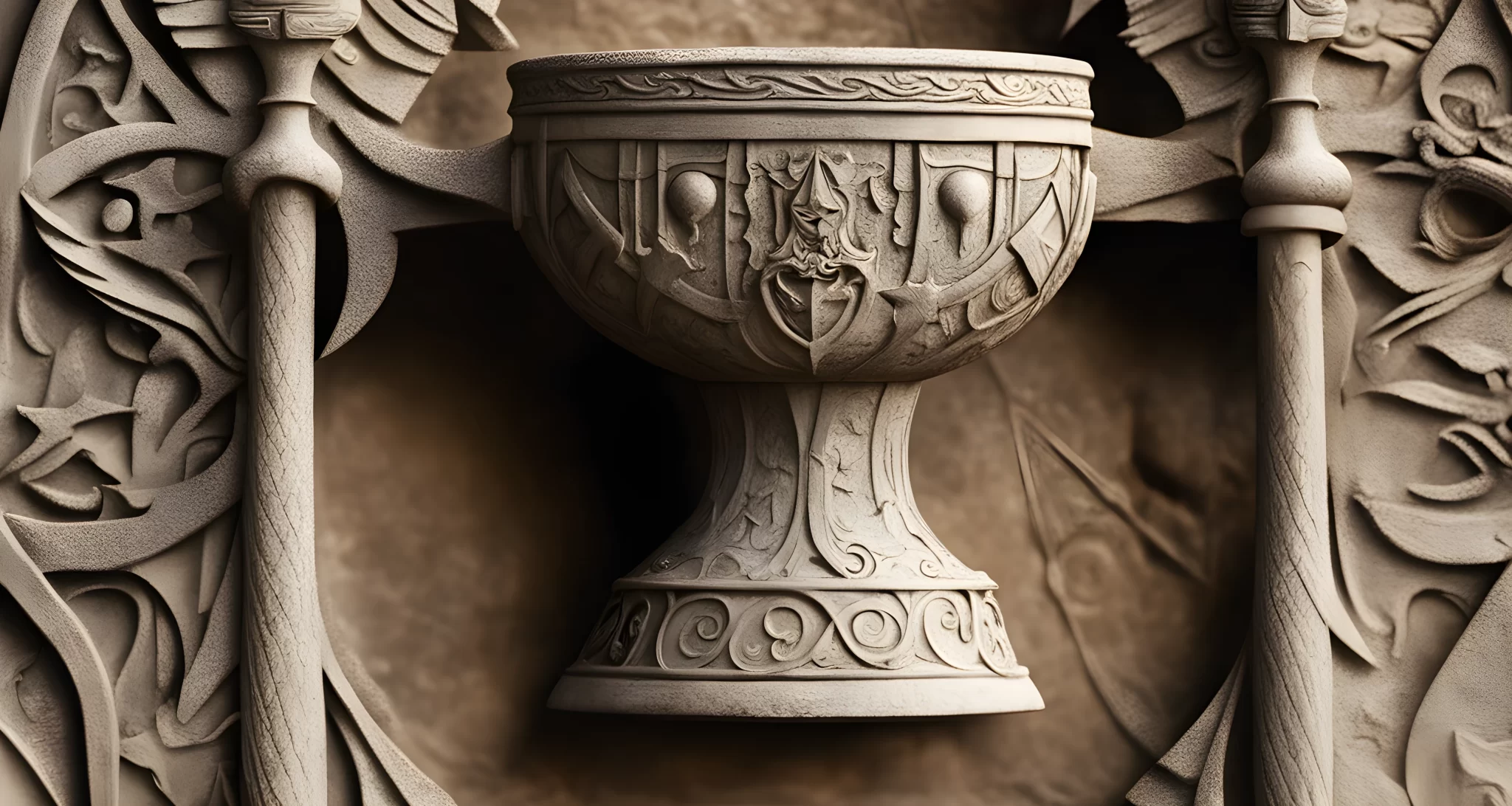 The image shows a stone carving of a grail chalice, surrounded by swords and shields.