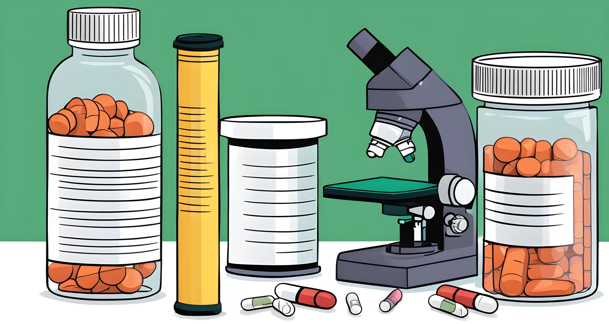 The image shows a syringe, a pill bottle, and a microscope.