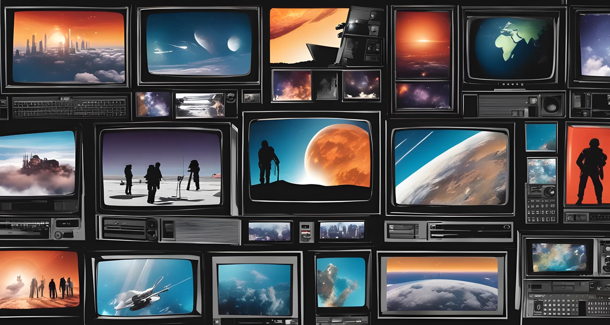 The image shows a television screen with multiple scenes from popular movies and news footage, including images of space, historic events, and futuristic technology.