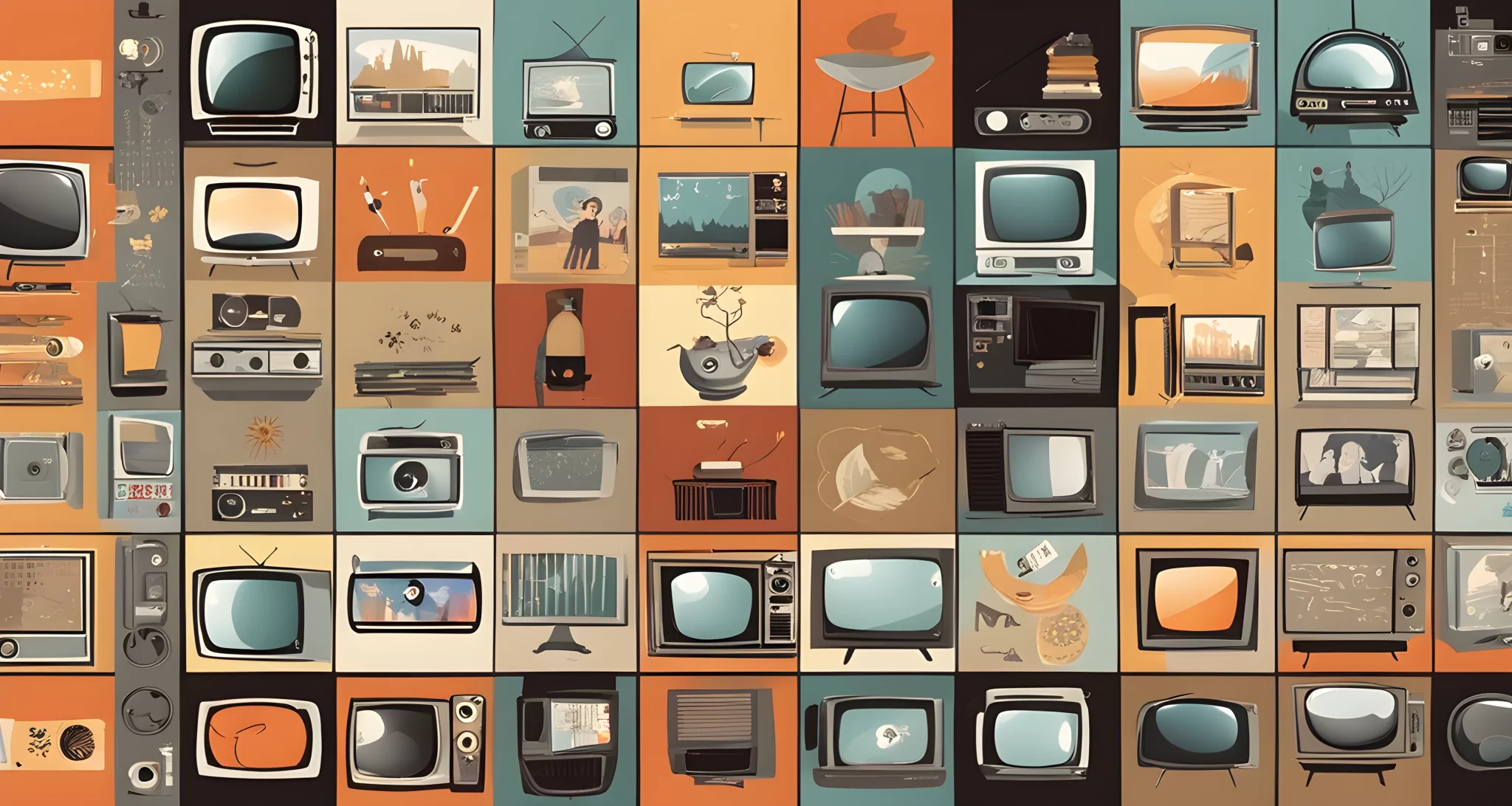 The image shows a television screen with various clips from popular movies and TV shows, featuring recurring themes and symbols.