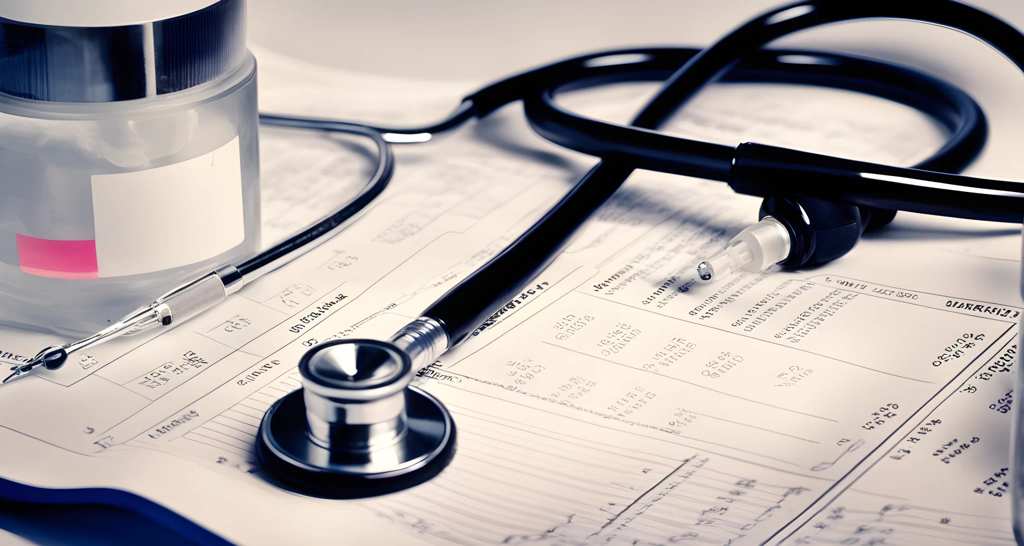 The image shows a vial of vaccine alongside a stethoscope and a medical chart.