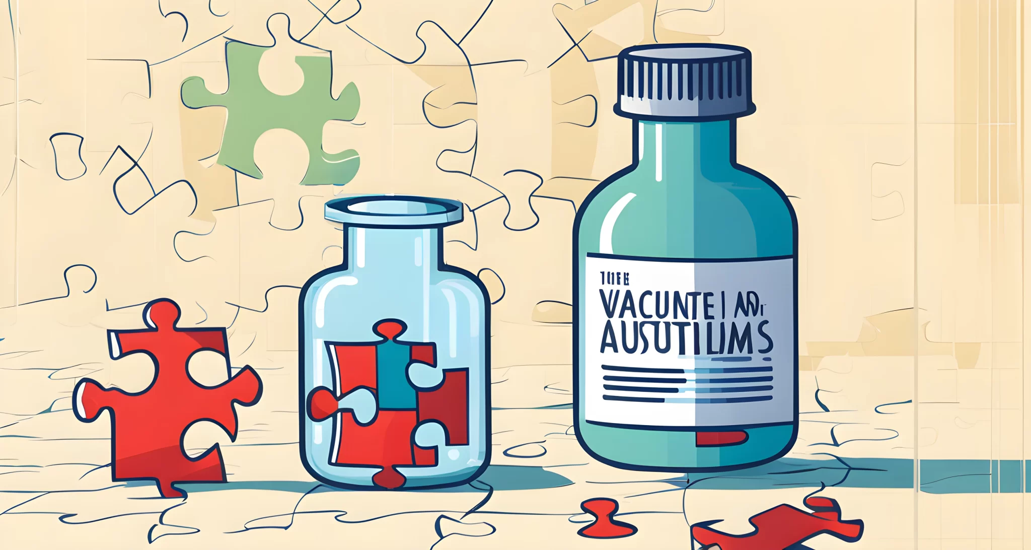 The image shows a vial of vaccine and a puzzle piece, representing the debate surrounding the potential link between vaccines and autism.