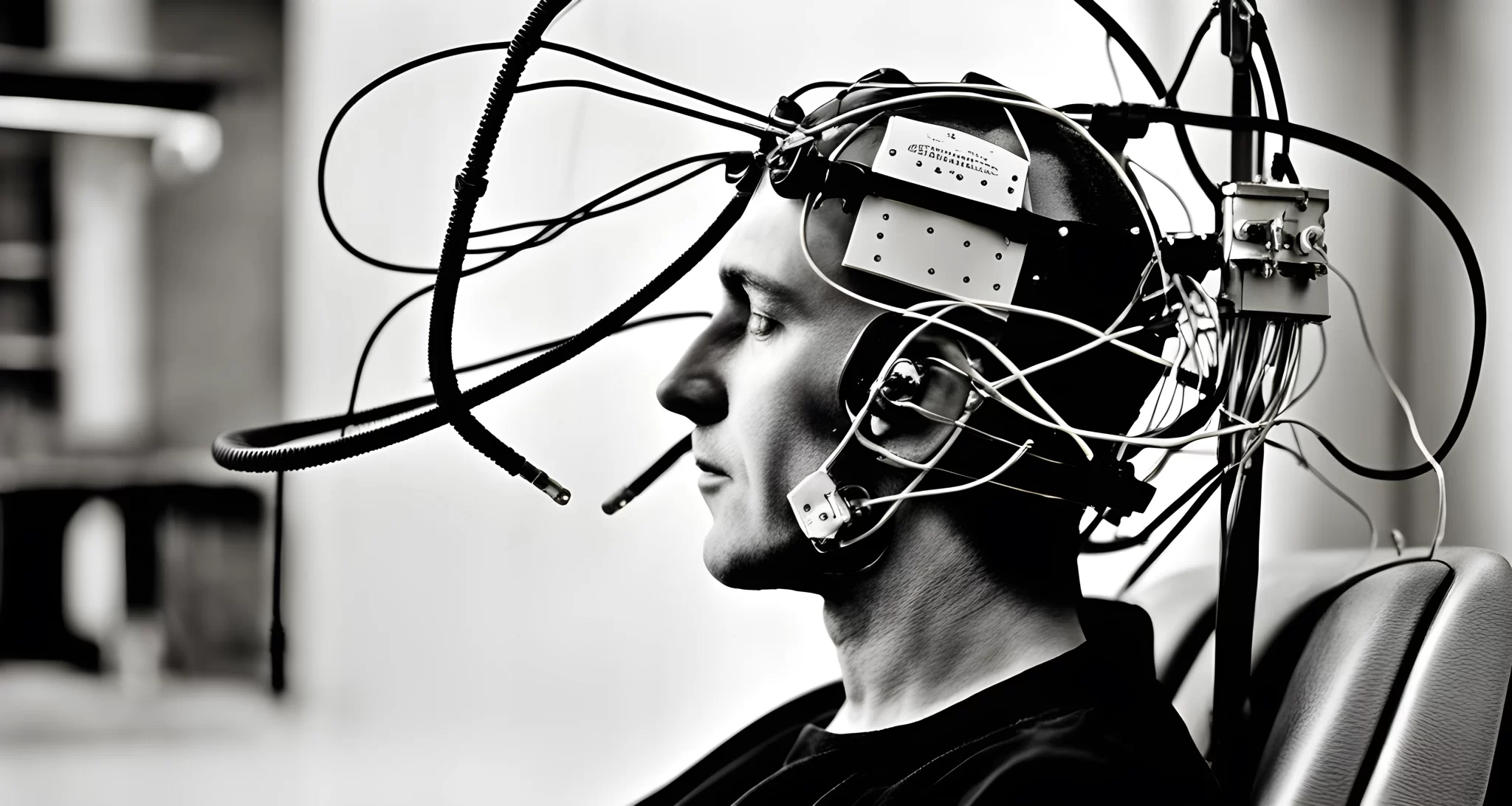 The image shows a vintage black and white photograph of a person sitting in a chair with their head restrained and wired electrodes attached to their scalp.