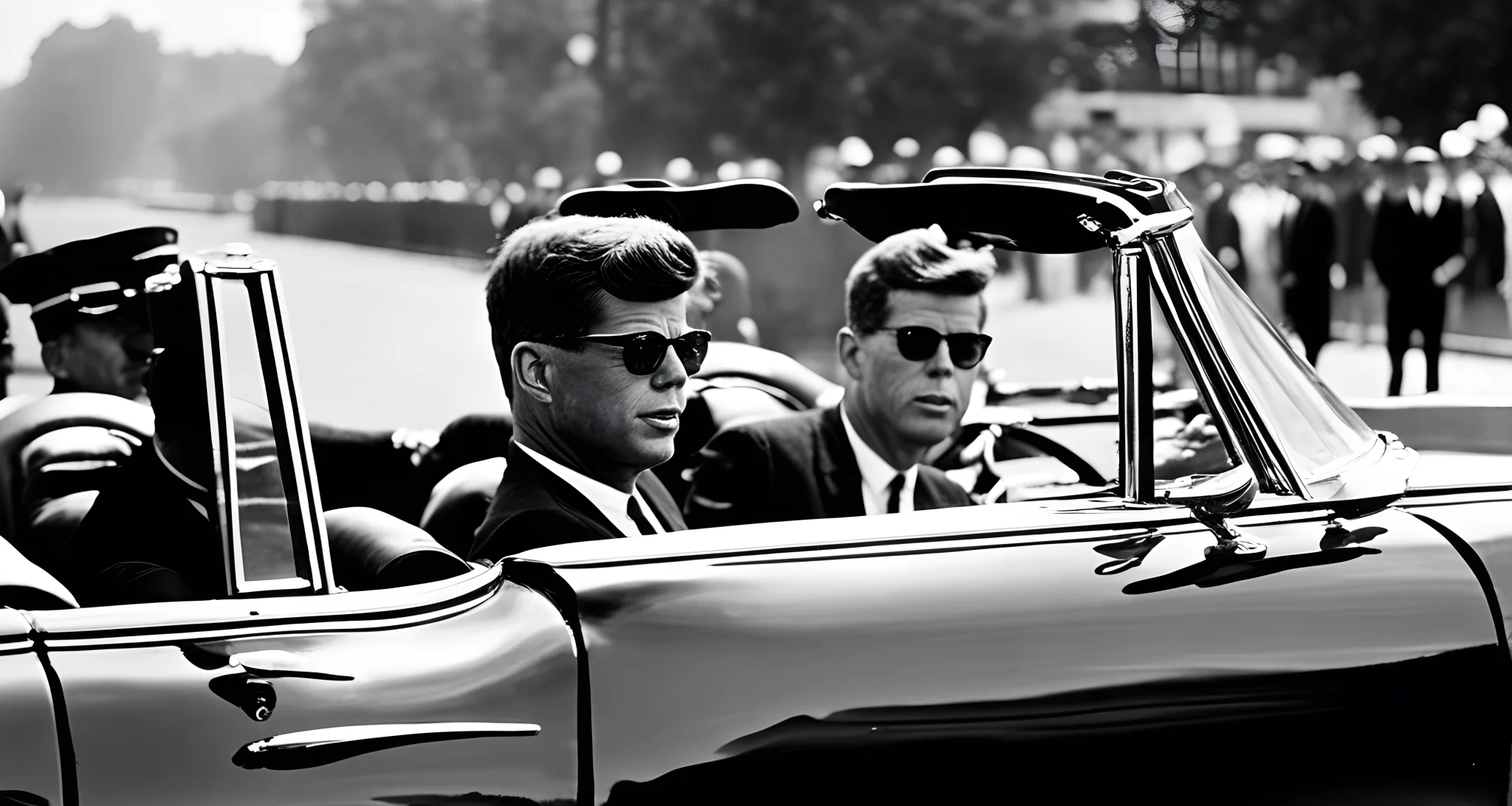 The image shows a vintage black and white photograph of President John F. Kennedy seated in a convertible car, moments before he was assassinated in Dallas, Texas.