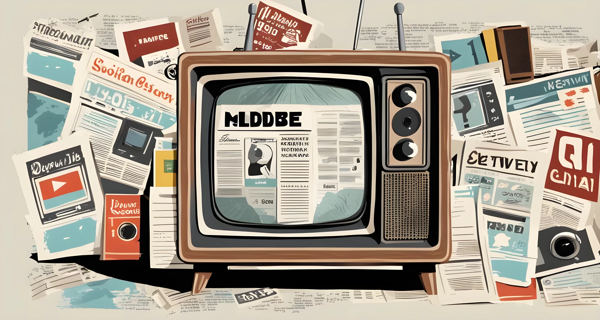 The image shows a vintage television set surrounded by newspaper clippings and social media icons.