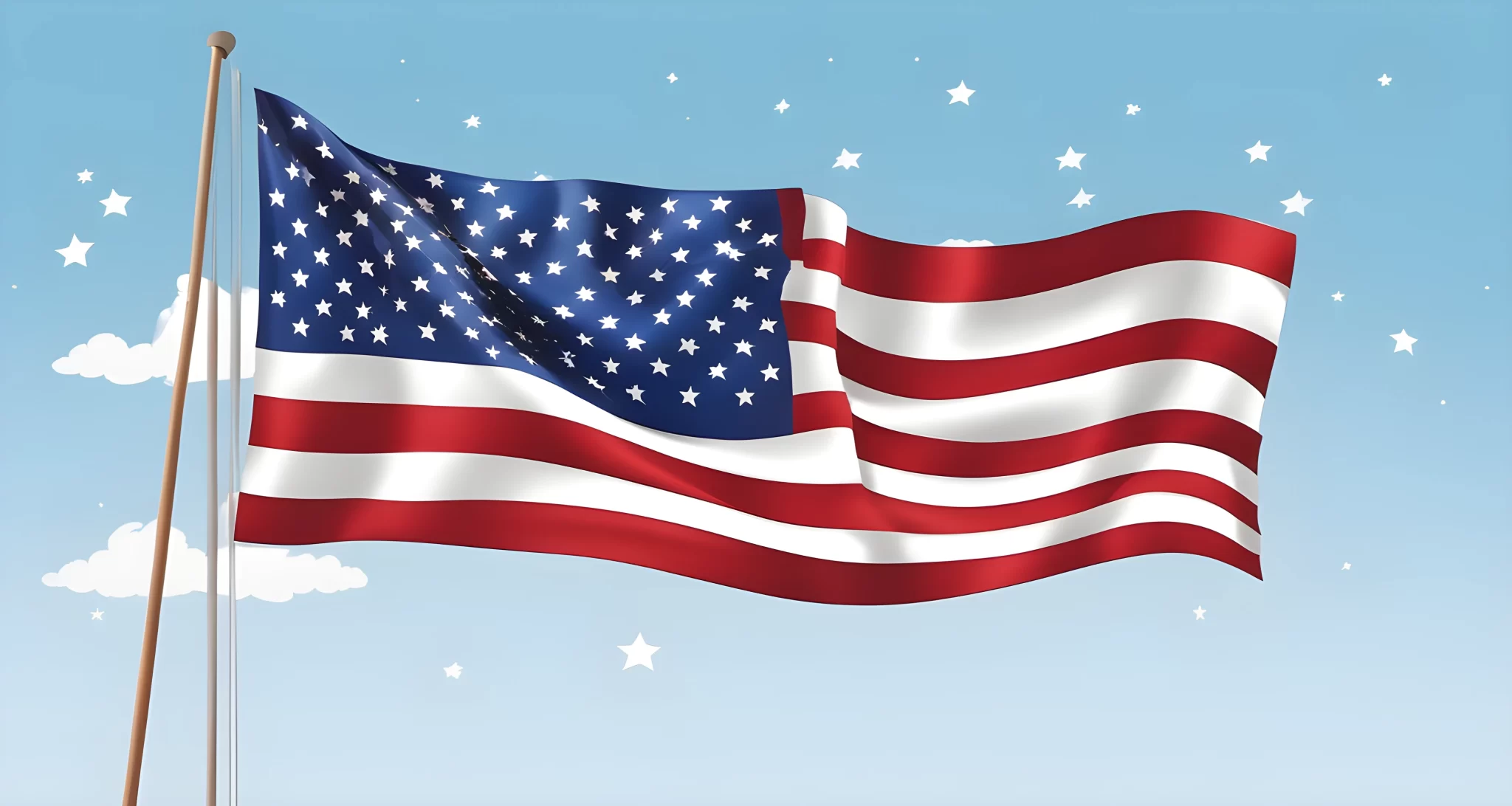 The image shows a waving flag with stars and stripes, against a clear blue sky.