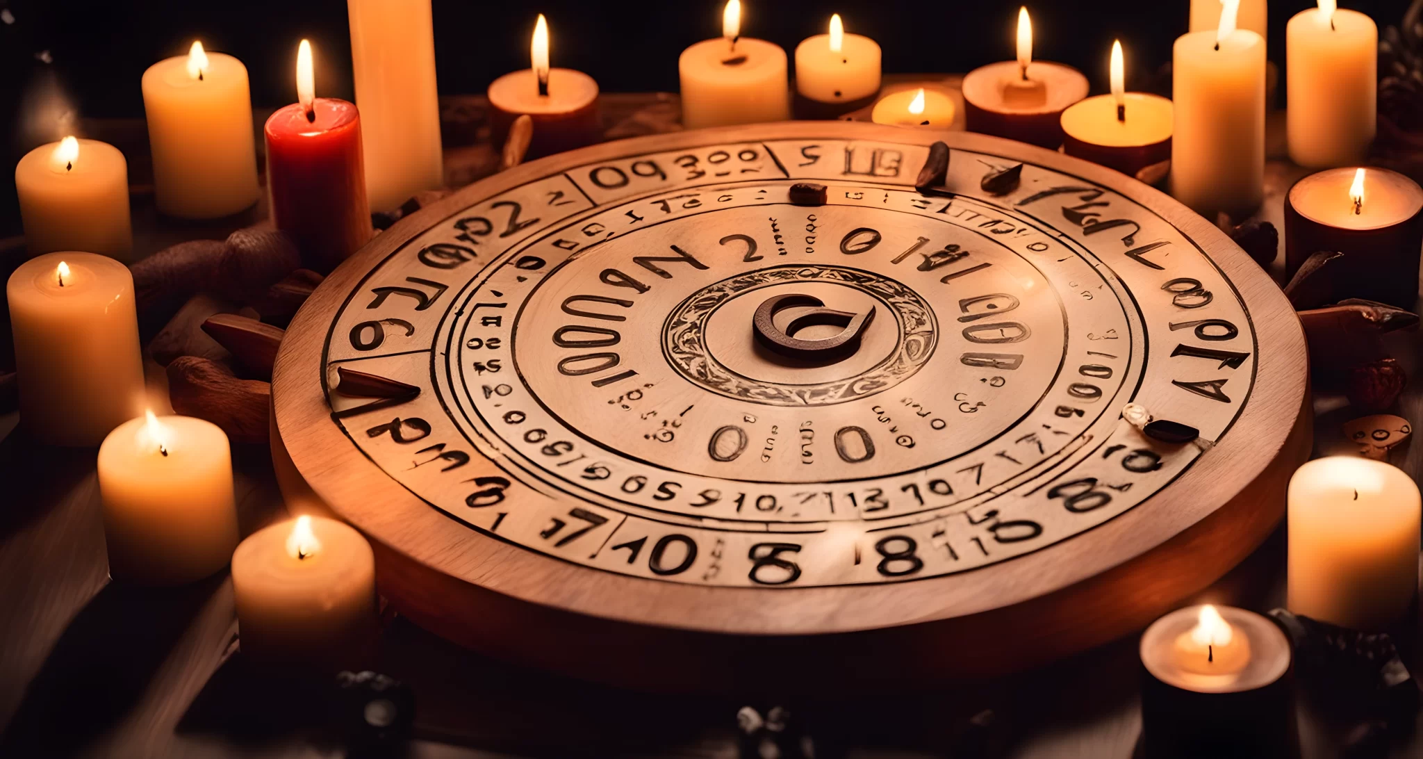 The image shows a wooden Ouija board with letters, numbers, and various symbols, surrounded by lit candles and hands placed on the planchette.