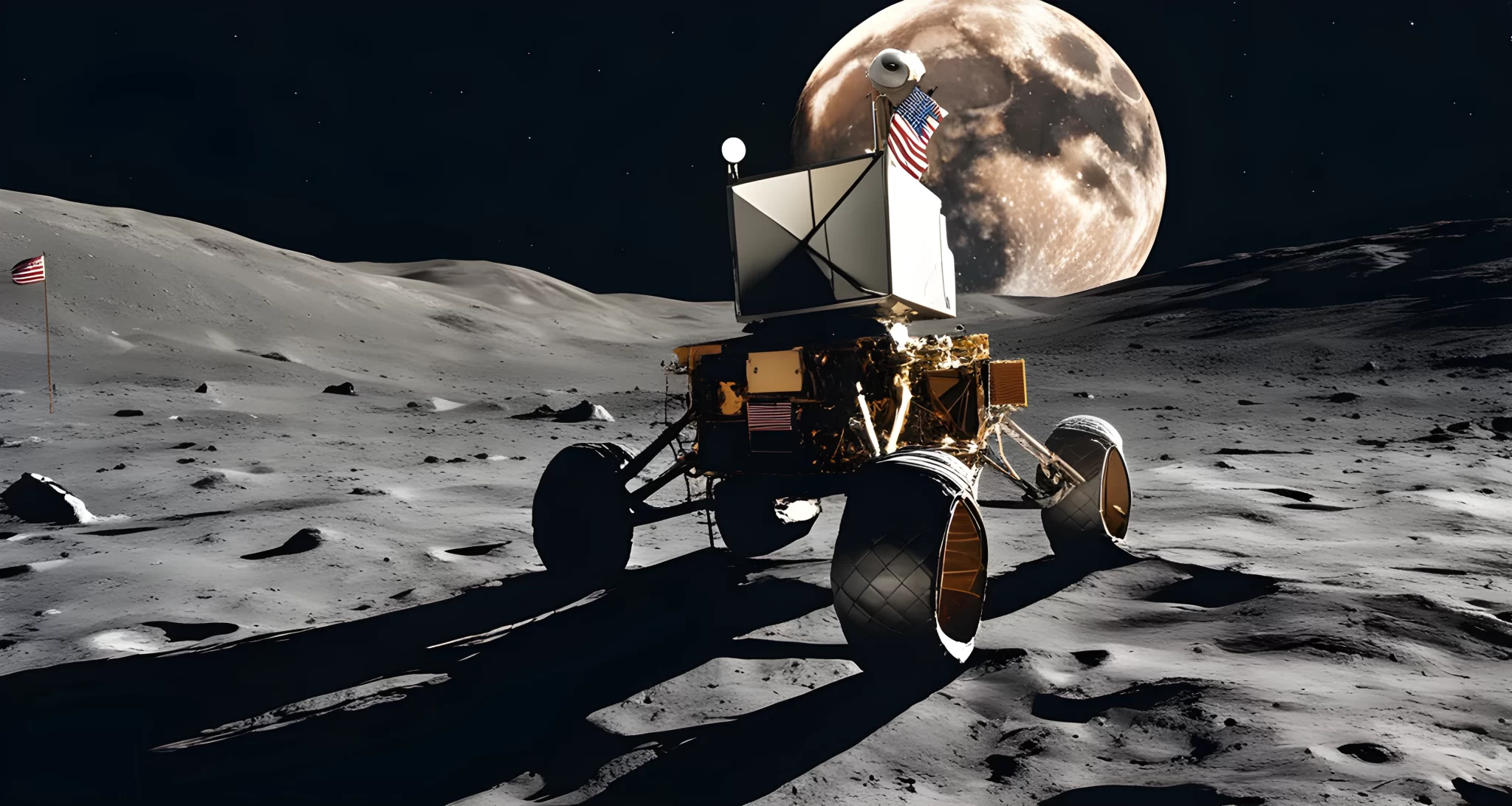 The image shows an American flag planted on the surface of the moon, with an astronaut standing next to it, and the lunar module in the background.