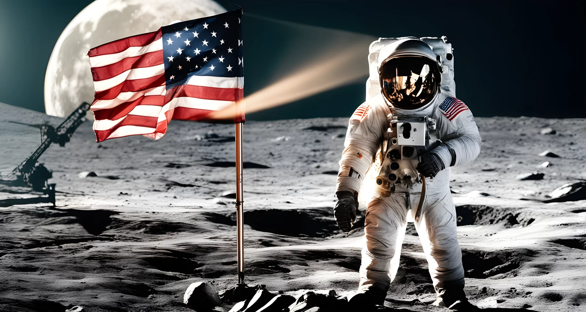 The image shows an astronaut standing on the surface of the moon, with the American flag planted in the ground next to them.