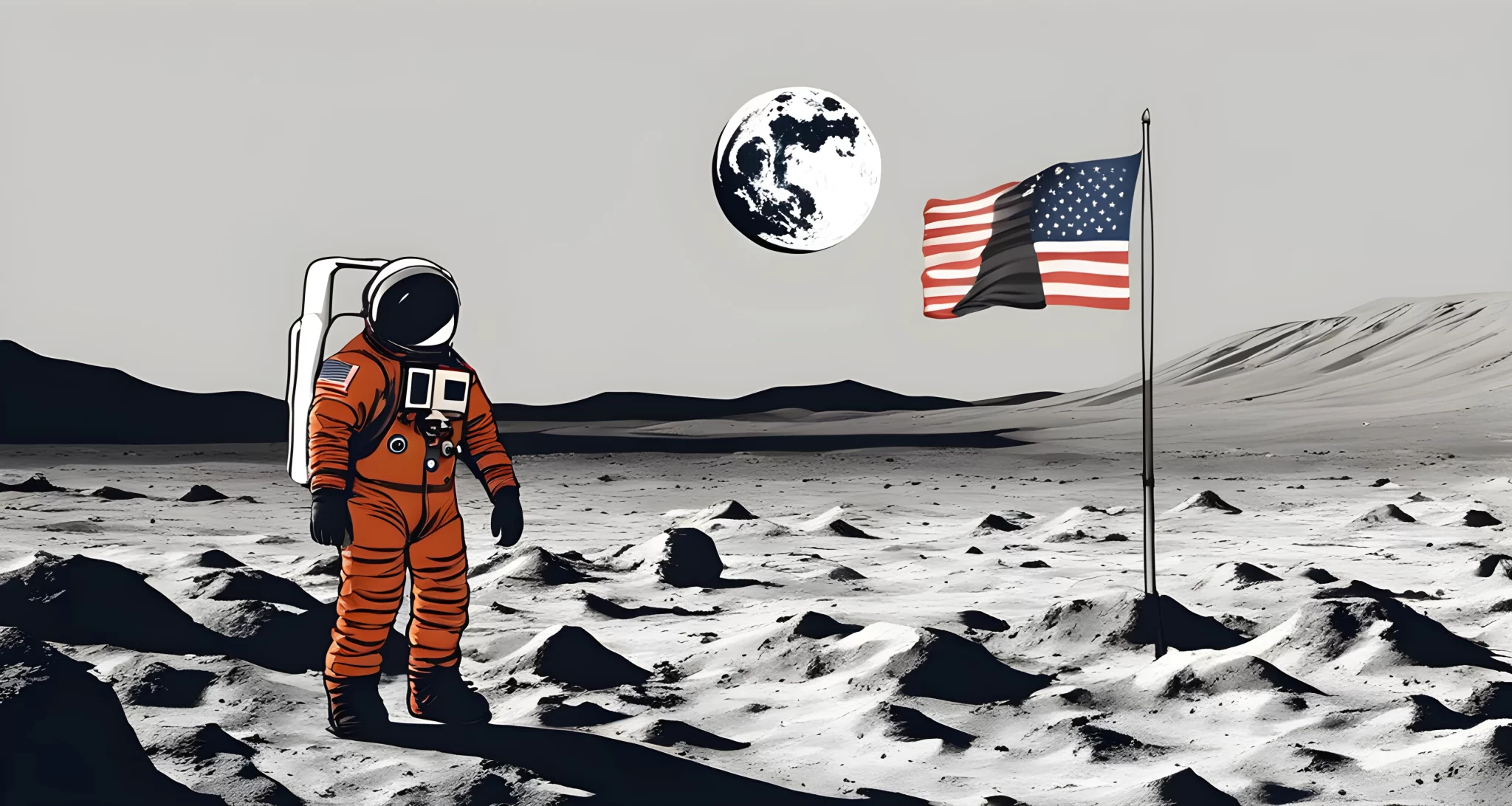 The image shows an astronaut standing on the surface of the moon, with the American flag planted in the ground next to him.