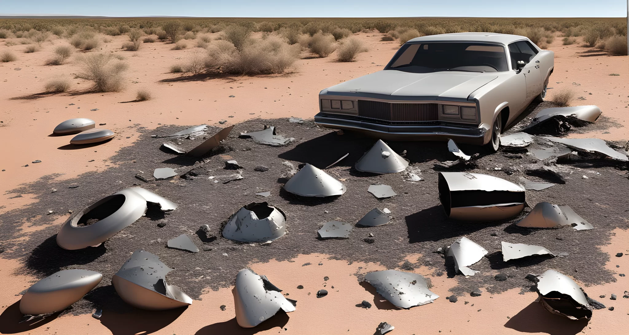 The image shows debris from the alleged UFO crash in Roswell, including metallic fragments and wreckage scattered across the ground.