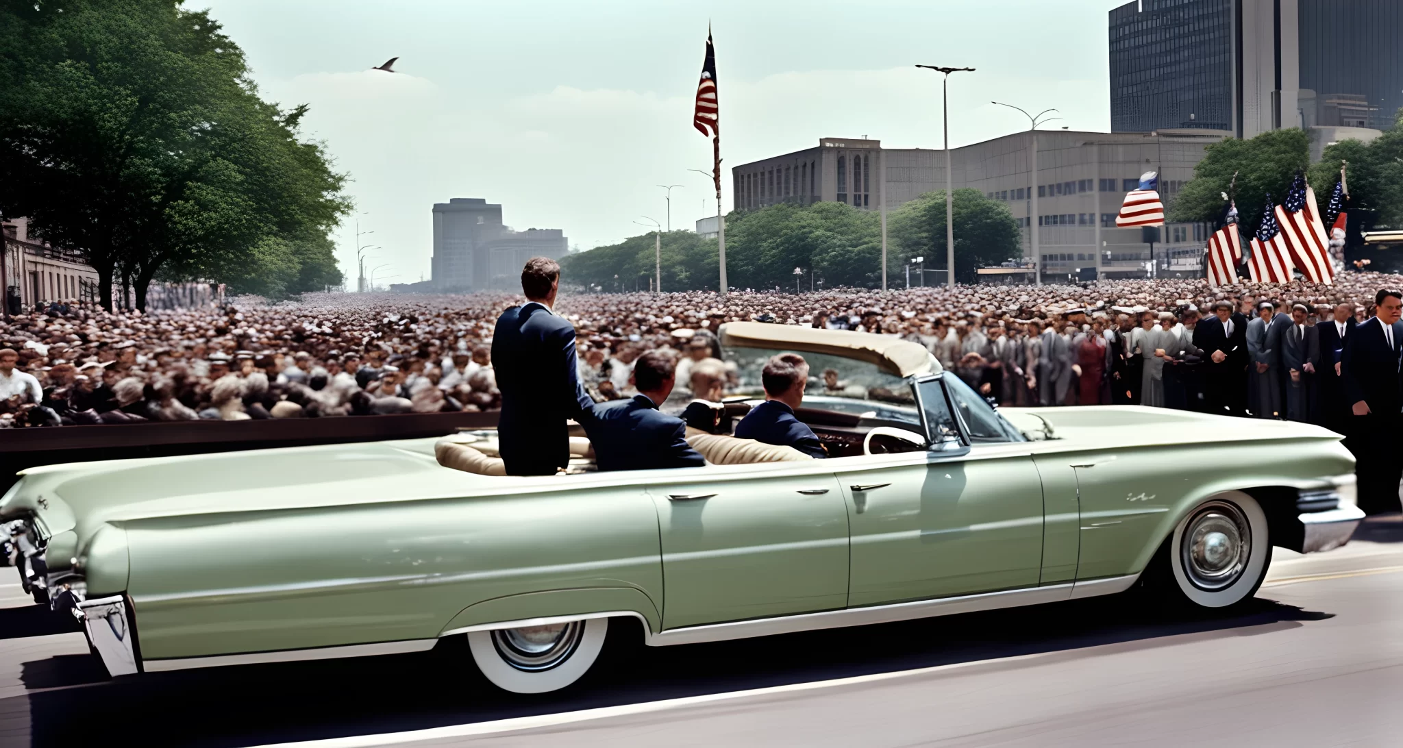 The image shows President John F. Kennedy riding in a motorcade in Dallas, Texas, moments before he was assassinated.