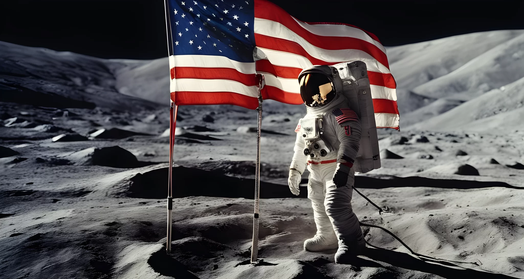 The image shows the American flag planted on the surface of the moon, with an astronaut standing beside it.