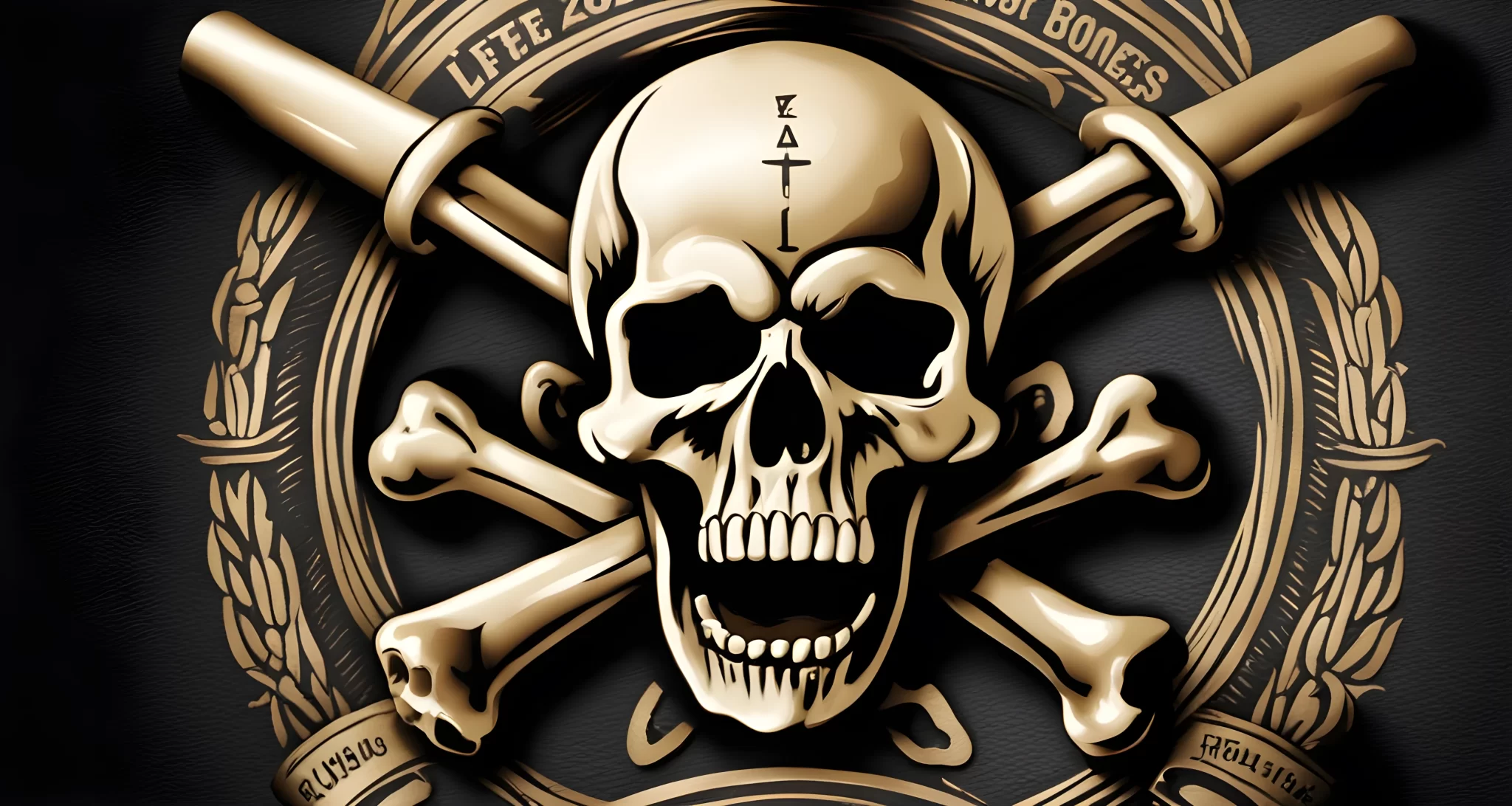 The image shows the emblem of Skull and Bones, featuring a skull and crossbones, surrounded by the society's name and foundation year.