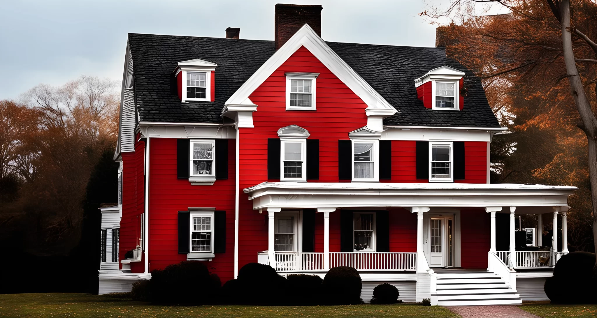 The image shows the exterior of the infamous Amityville house, with its distinct quarter-moon windows and iconic red front door.